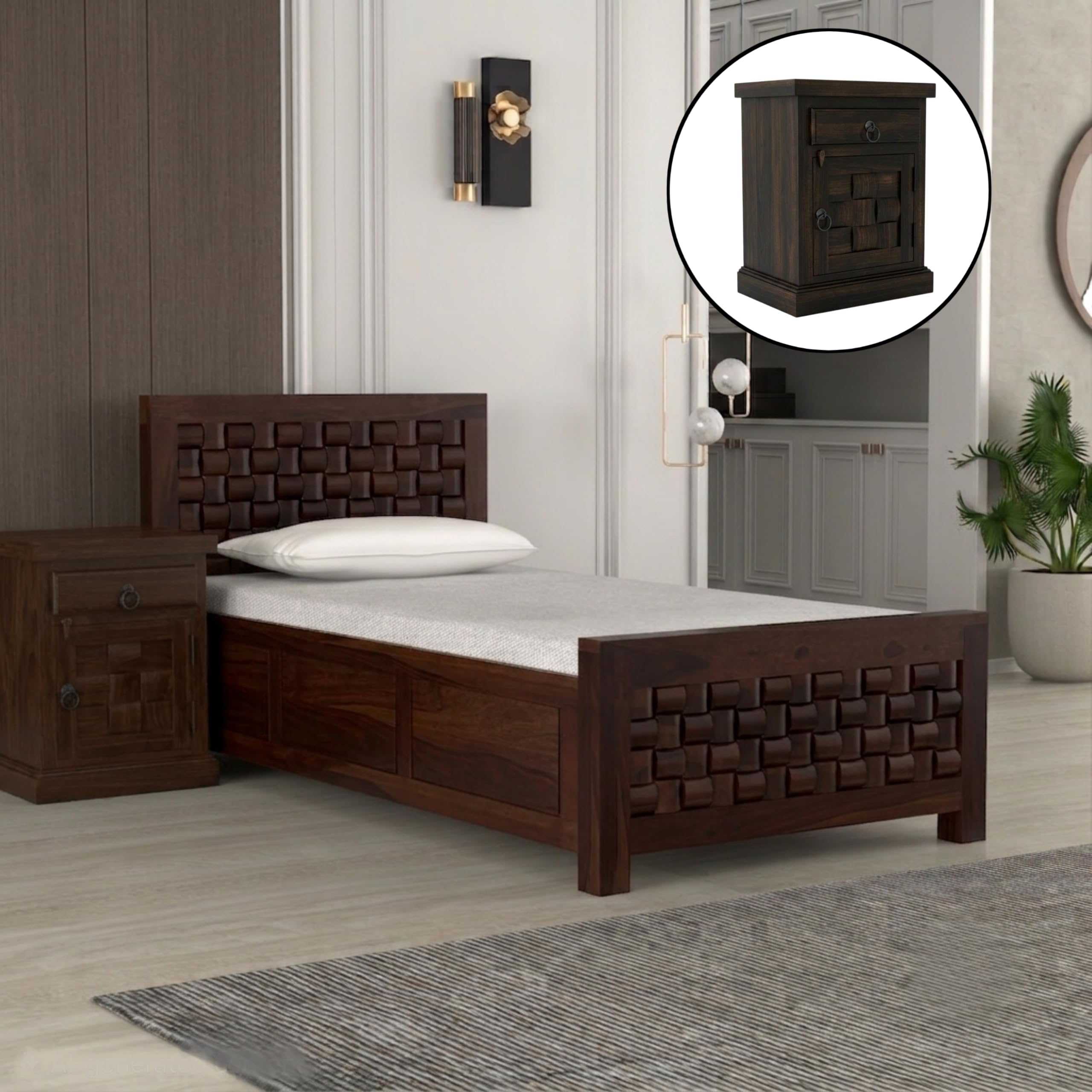 Solid Sheesham Wood Single Size Bed with Storage+ 1 Side Tables|Wooden Box Single Size Cot Bed with Storage Box & Bedside for Home,Bedroom,Living Room|Premium Niwar Design|Walnut Finish-image-38