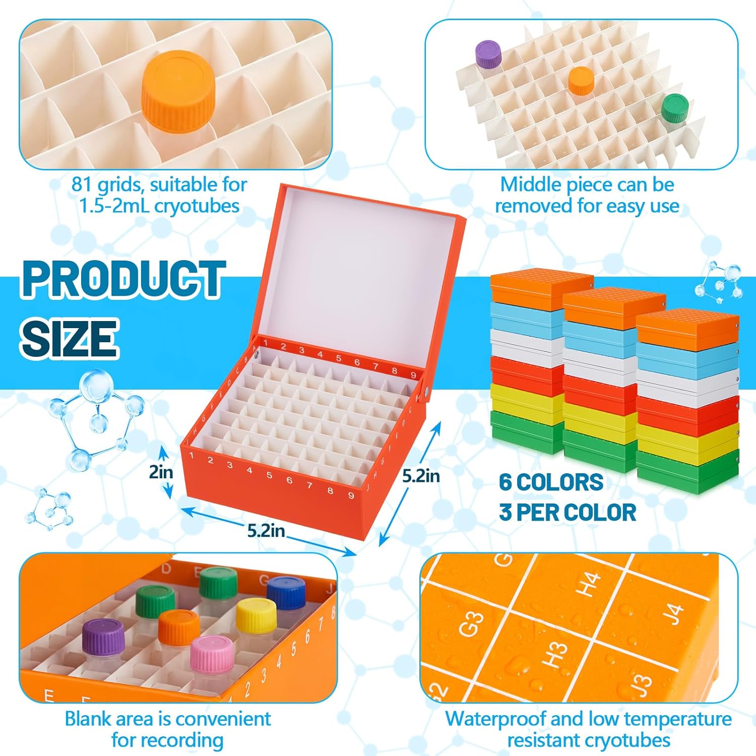 Teenyyou 18 Pcs 81 Wells Lab Cardboard Freezer Box with Lid, Microtube Storage Box Water and Ice Resistant Coating 2 Inch Height for 1.5-2.0 ml Micro Centrifuge Tubes Vials Refrigerator, Multicolor