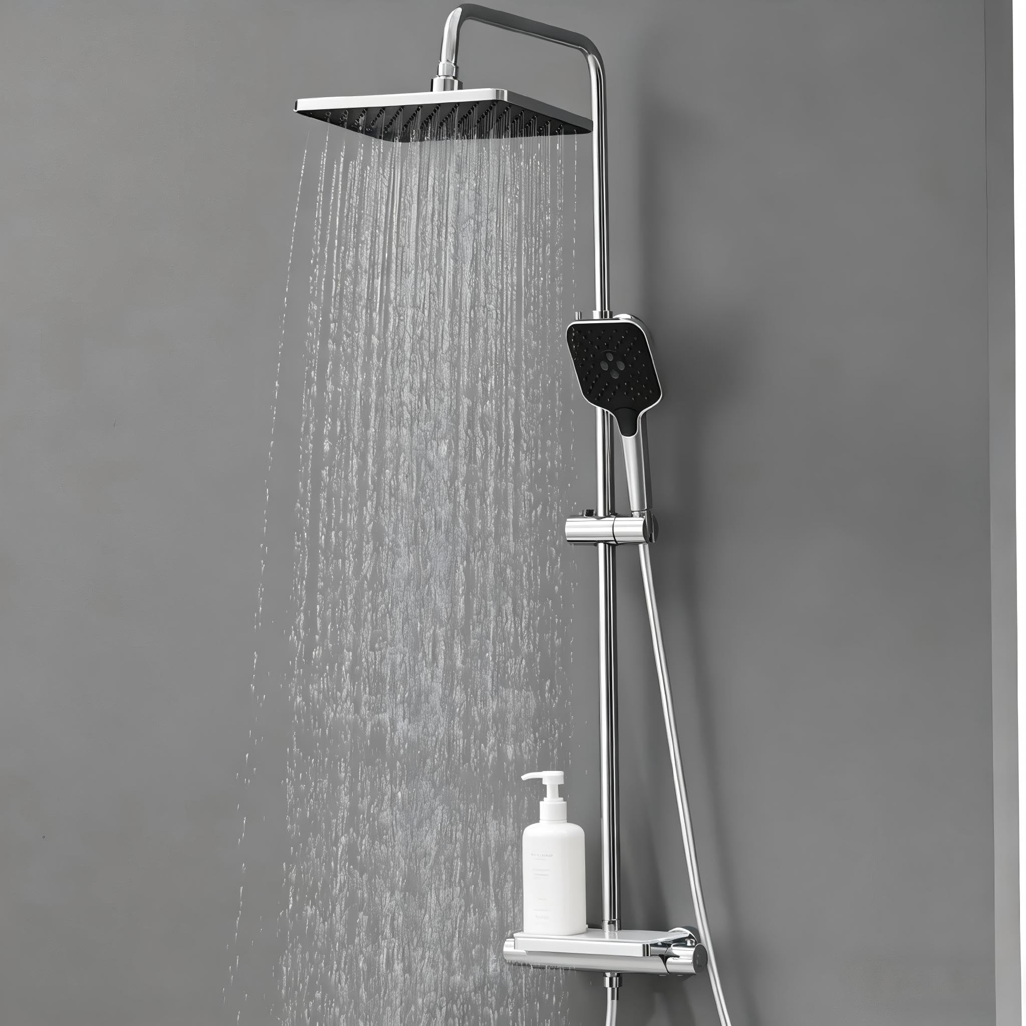 Auralum Duschsystem mit Thermostat und Glasablage, Duscharmatur Komplettset mit 12 Zoll Regendusche Kopfbrause, 3 Strahlarten Duschkopf Wassersparend, Höhenverstellbare Duschstange, Eckig, Chrom