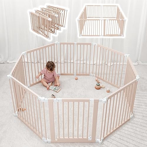 Corralito para bebés y puerta de bebé para niños pequeños y bebés, plegable de madera de forma grande y tamaño ajustable, valla de juego con centro