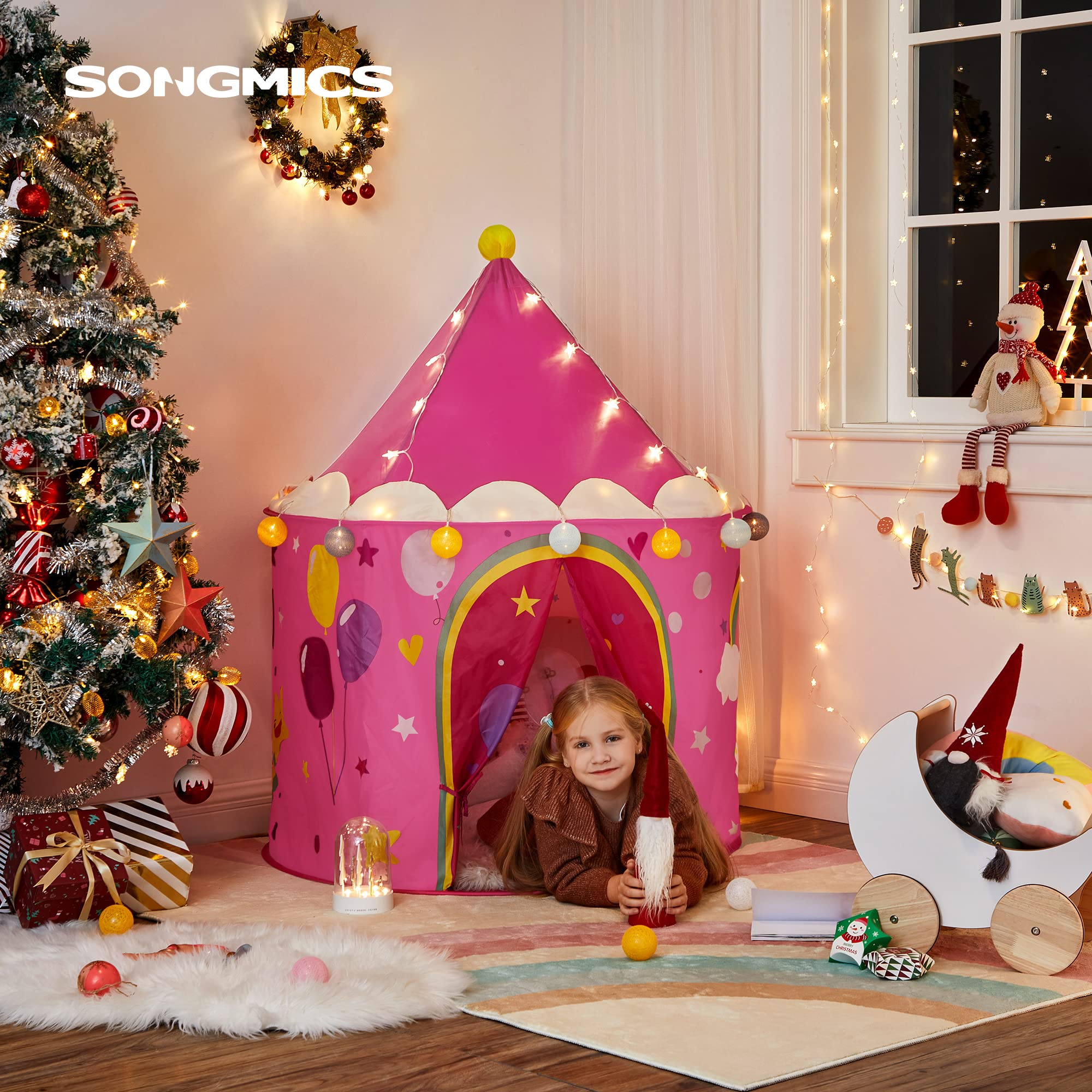 SONGMICS Tienda para Niños, Carpa Infantil, Castillo de la Princesa, Pop Up, Regalo para Niños, para Interior y Exterior, Bolsa de Transporte, Rosa y Amarillo LPT04PY