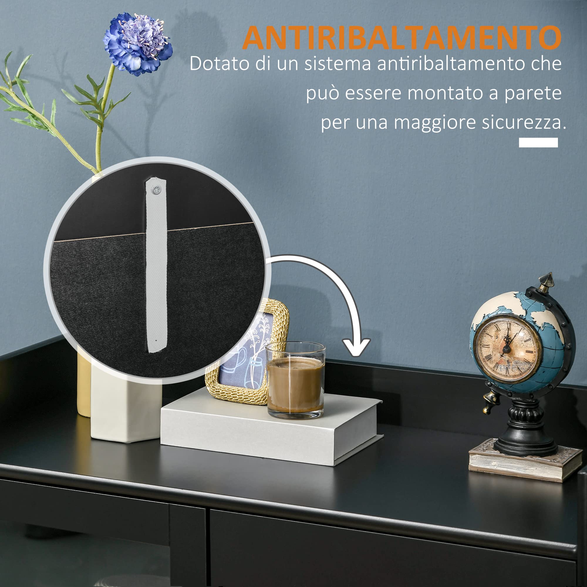 HOMCOM Armadietto Due Ante con Ripiano Regolabile, Piano d'Appoggio e Spazi Aperti in MDF e Legno, 80x40x94.3cm, Nero