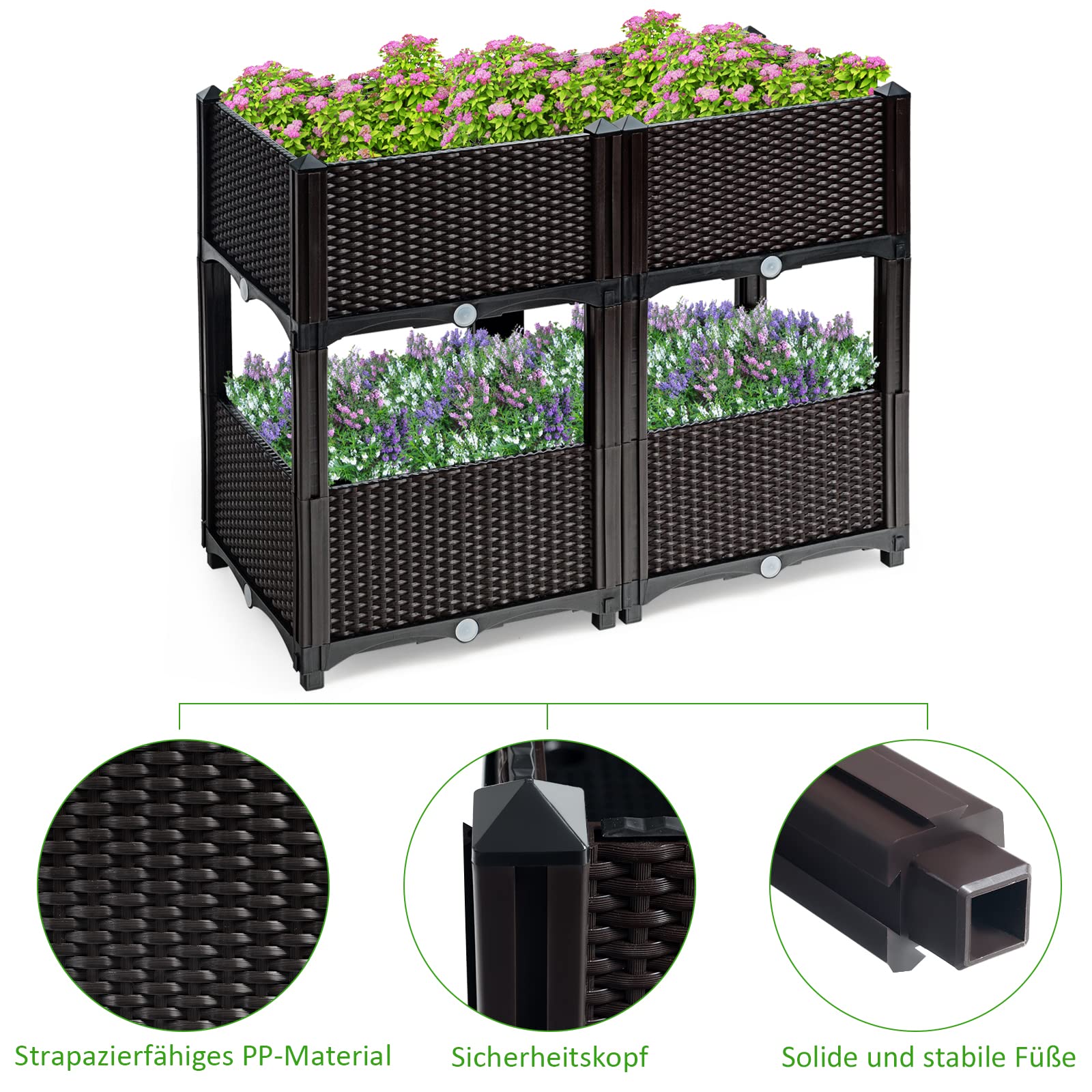 GOPLUS 4-Blumentopf Set, Erhöhtes Gartenbeet mit Wasserspeicher & Entwässerungsloch, stehender Blumentopf mit Abnehmbarer Füße, Blumenkasten für terrasse & Garten & Balkon, Quadratisch 40x40 cm