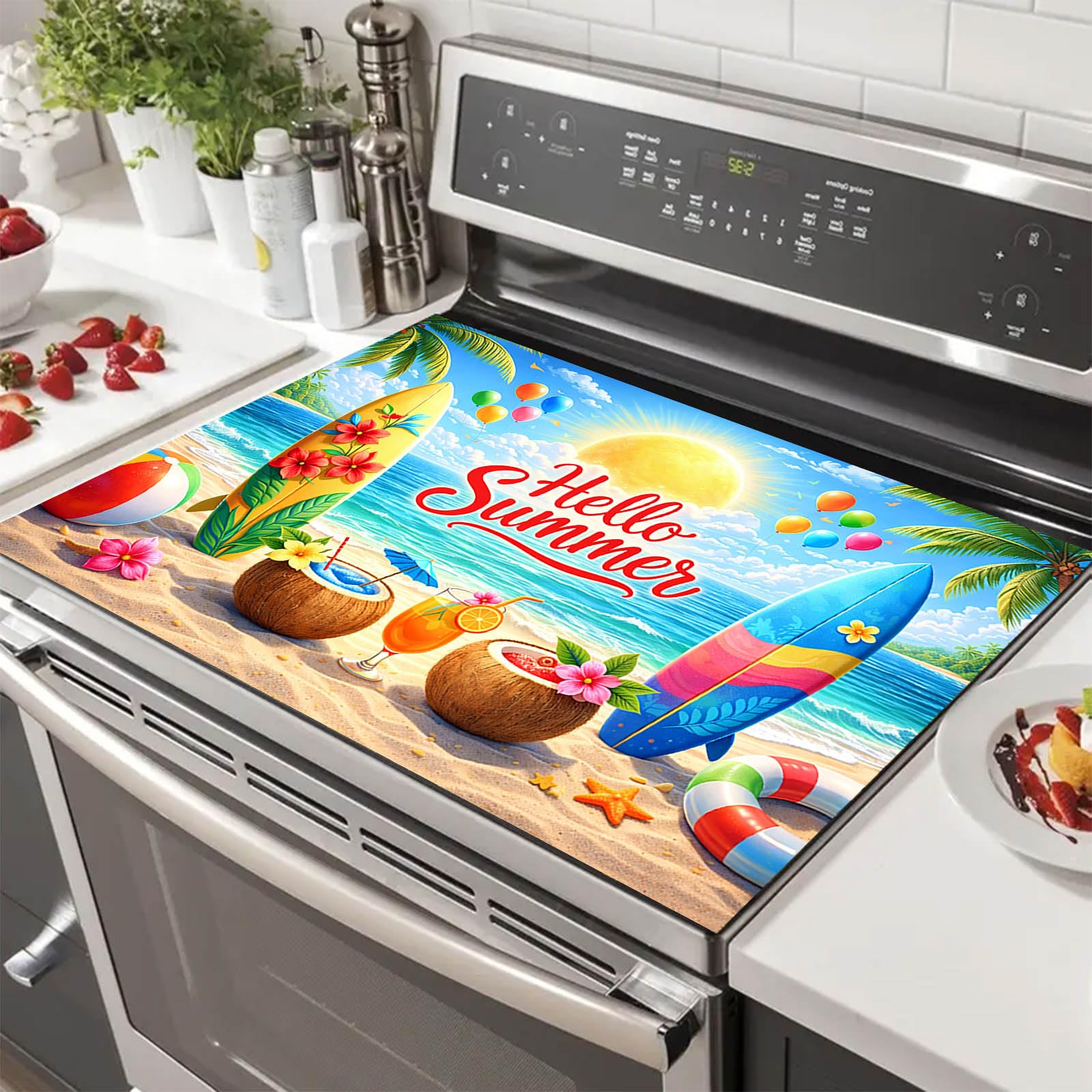 HOMETITUTE Hello Summer Stove Top Cover 28x20 Beach Surfboard Heat Resistant