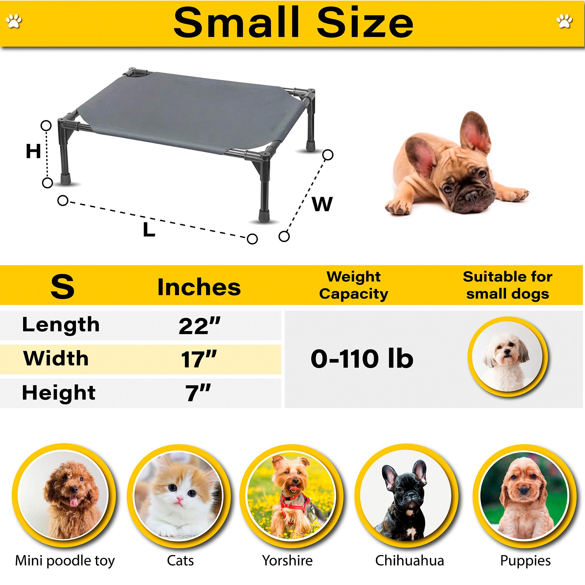 Elevated Dog Bed Raised Dog Bed Cot Bed Small Medium Large Dogs Outdoor Cooling Pet Cat Bed Breathable Mesh Washable (Small, Grey, 22''L x 17''W)