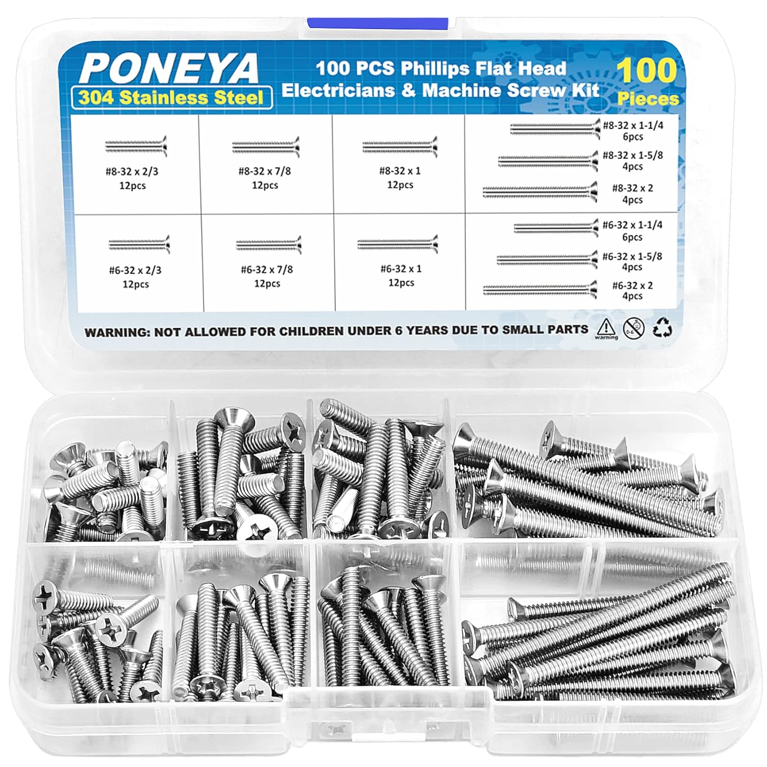 Electrical Socket Screws, 100 PCS 12 Sizes M3.5 M4.2 Flat Head 304