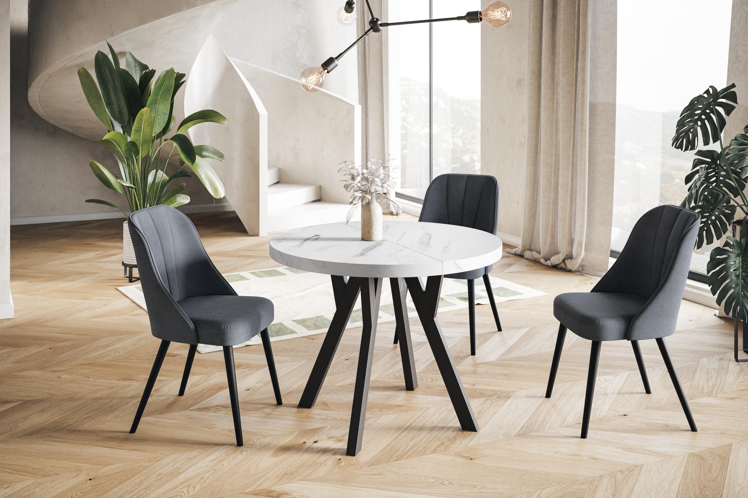 Tavolo da Pranzo Tavolo Rotondo Allungabile - Tavolo Sala da Pranzo Allungabile e Cucina - Piano in laminato da 36 mm - Gambe Solide - Diametro da 90 cm - Marmo - Collezione Ovo