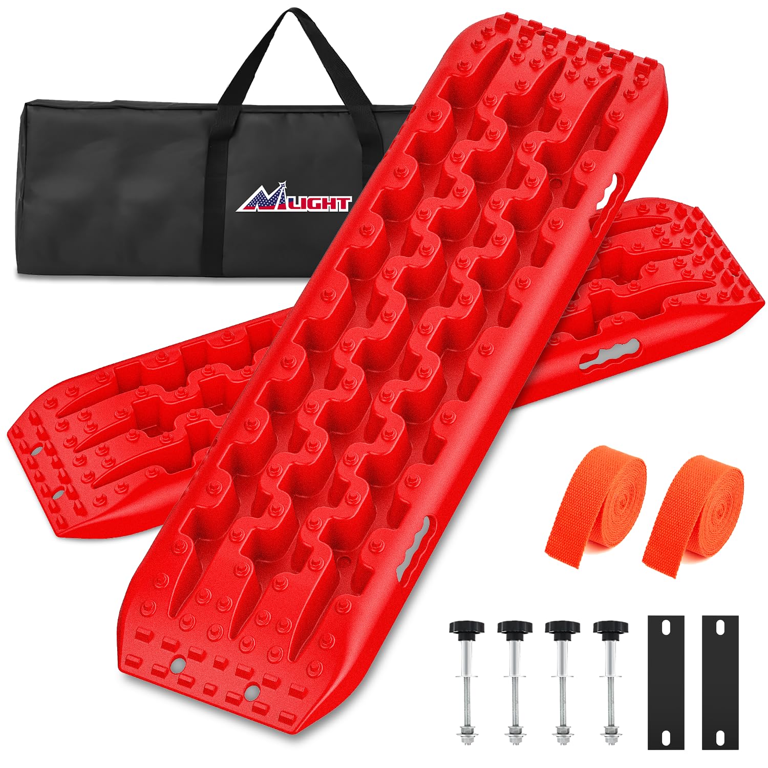 NilightRecovery Off-road Traction Boards Emergency Tire Mats For 4WD 4X4 Mud Sand Snow with 2PCS Mounting kit Zipper Bag 2 leashes (Red)