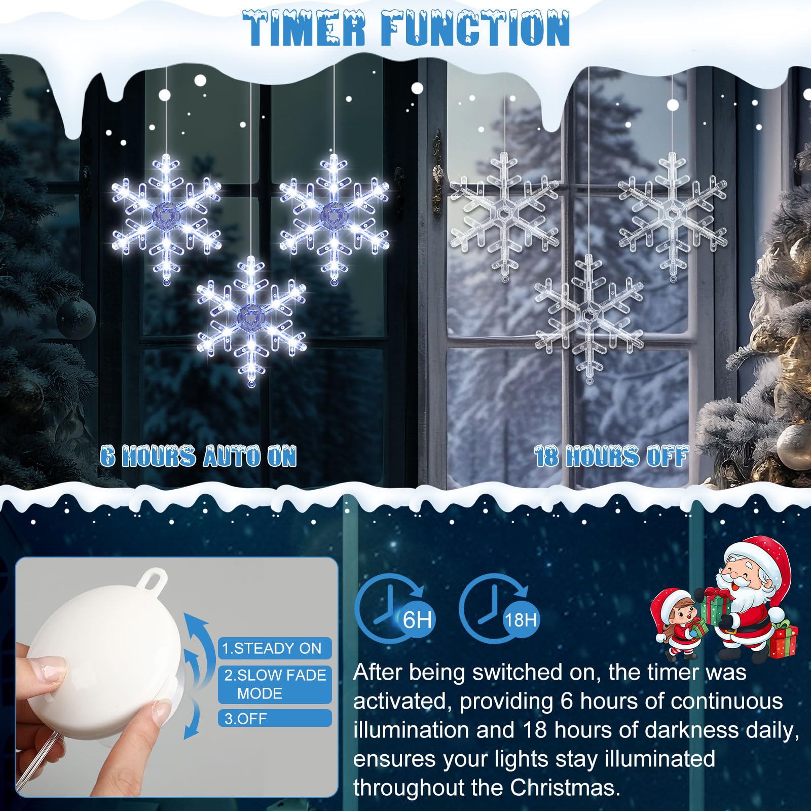 Tujoe Lot de 10 lumières de fenêtre lumineuses avec minuterie, ventouse, fonctionnement à piles pour Noël, Nouvel An, extérieur et intérieur (blanc, flocon de neige)