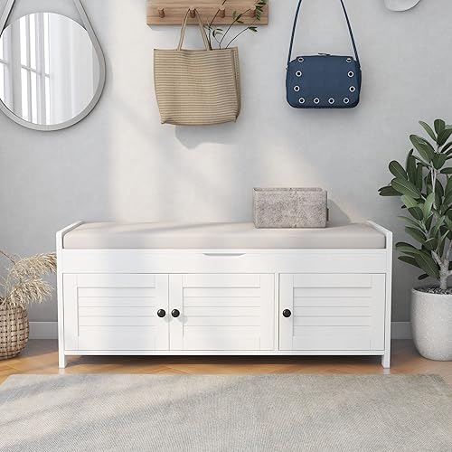 Miniatura 8 de SOFTSEA Otomana tapizada de almacenamiento con cojín removible, banco de madera para entrada con 3 puertas en forma de persiana y espacio de