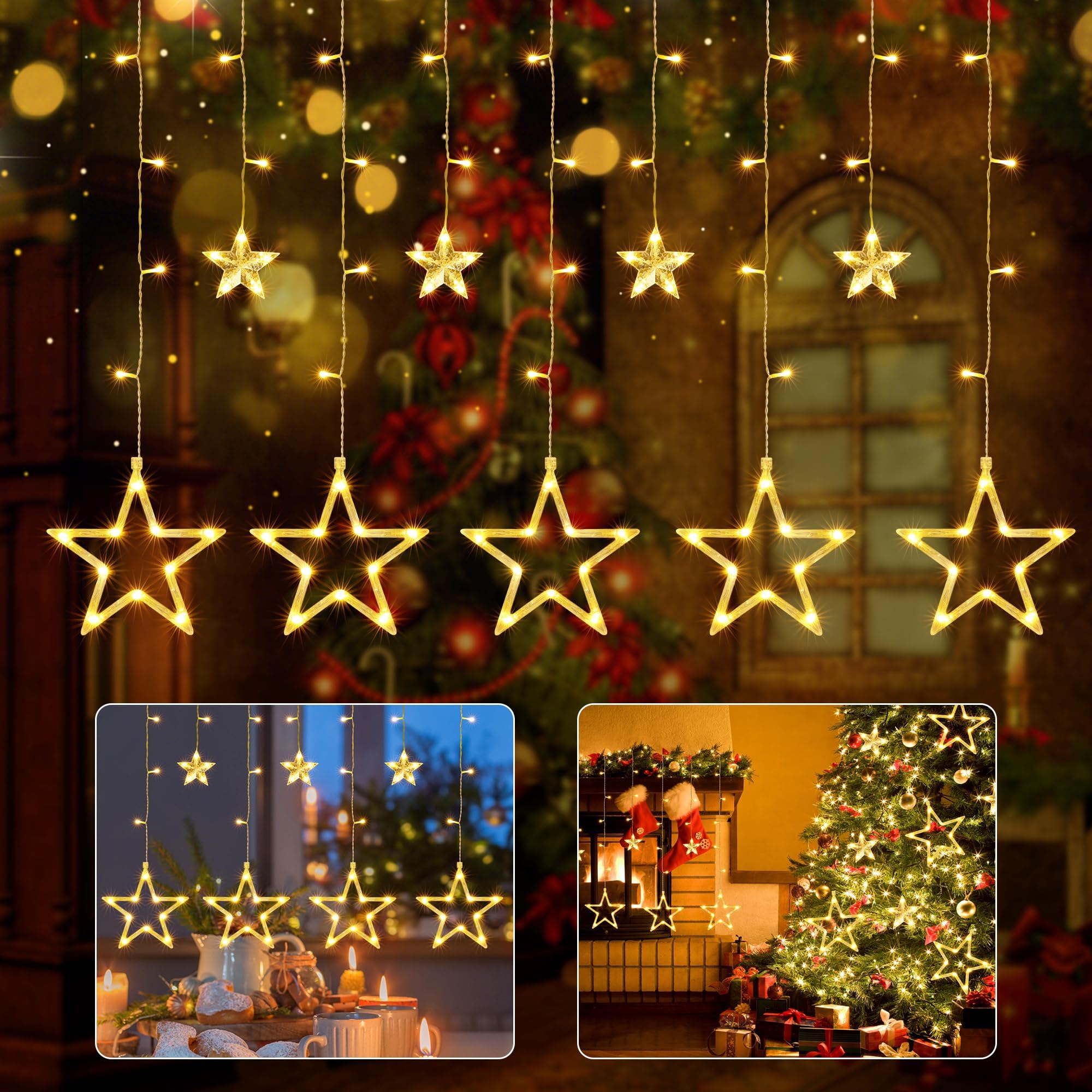 Christmas Star Curtain Lights, 138 LED Curtain Fairy Lights with 12 Stars, 8 Modes Christmas Decorations Window Lights for Xmas Tree, Party, Wedding, Garden, Bedroom (Warm White)