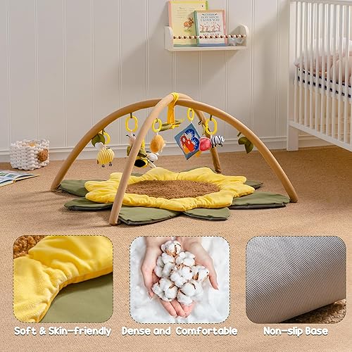 Miniatura 5 de ROBUD Tapete de juego para bebé, con forma de girasol, con 7 juguetes desmontables, tapete de juego de gran tamaño para bebés de 0 a 6 meses