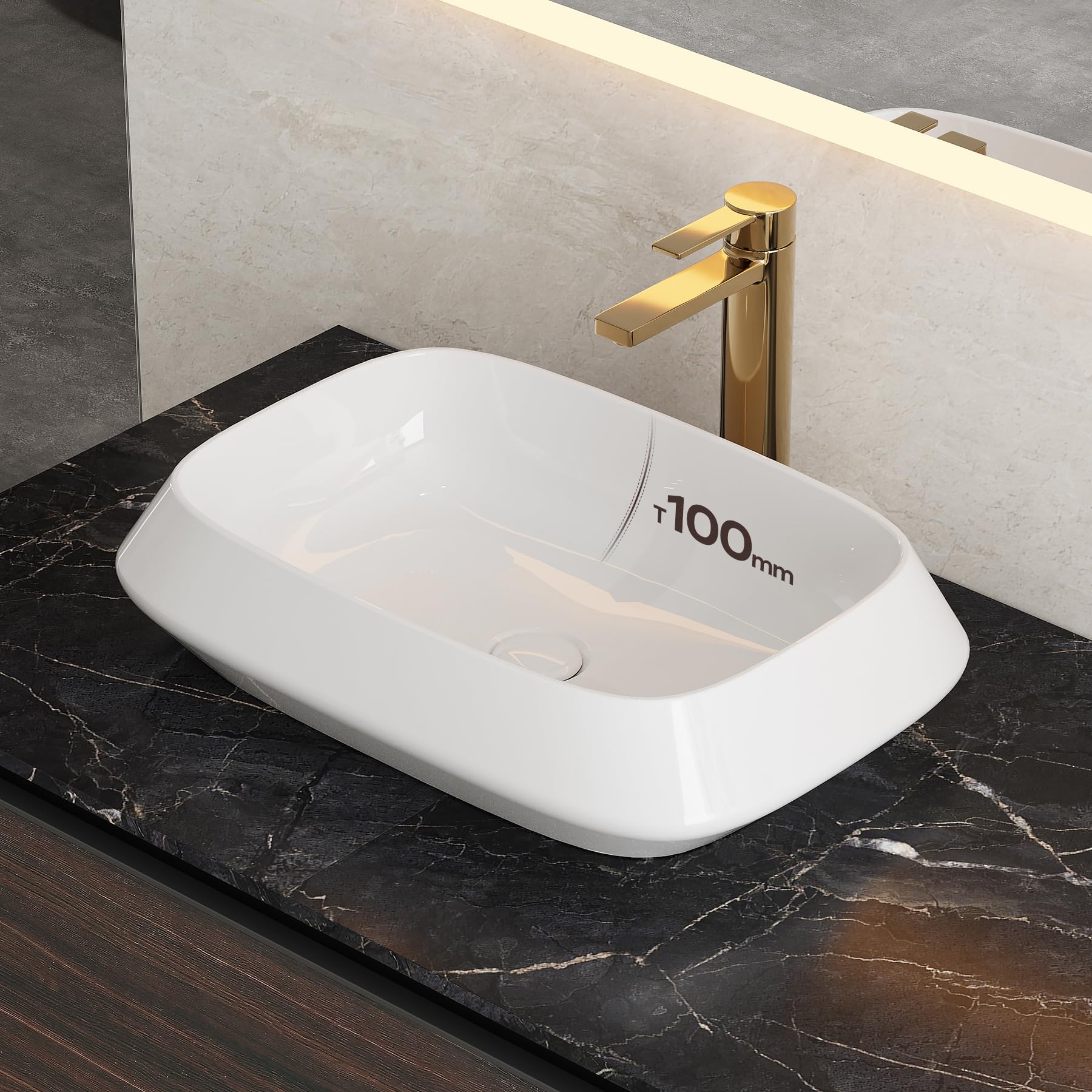 HOROW Lavabo da bagno, bordo sottile, lavabo da appoggio, moderno | Lavabo rettangolare bianco senza foro per rubinetto, piccolo lavandino per ospiti WC bagno, 52 cm