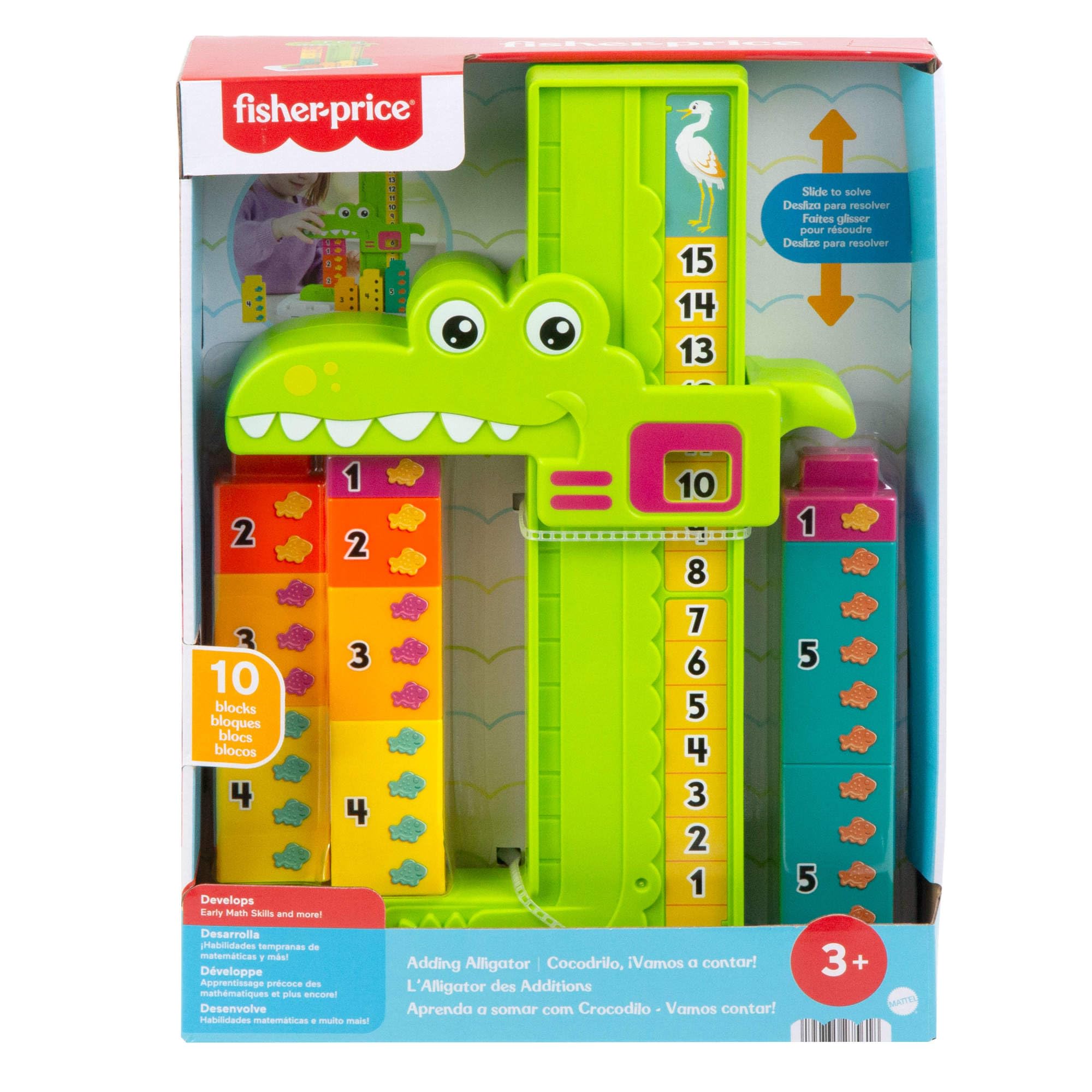 Fisher-Price Aligator Nauka liczenia Zabawka edukacyjna Zestaw 10 klocków z zabawą w liczenie, zabawka dla przedszkolaków w wieku od 3 lat, JCT13