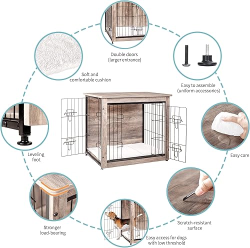 Vista 199 de DWANTON Mueble de jaula para perros con cojín, caja de madera para perros con puertas dobles, muebles para perros, perrera de interior, mesa Negro