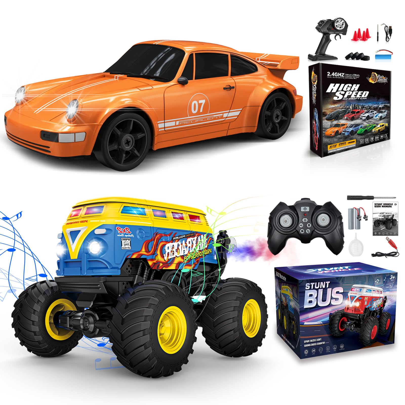 RC Drift Car 1:24 Remote Control Car And Stunt RC Bus 4WD 15KM/H High Speed  Racing Sport Car with LED Lights RC Cars Toy Cars for Kids Boys Girls