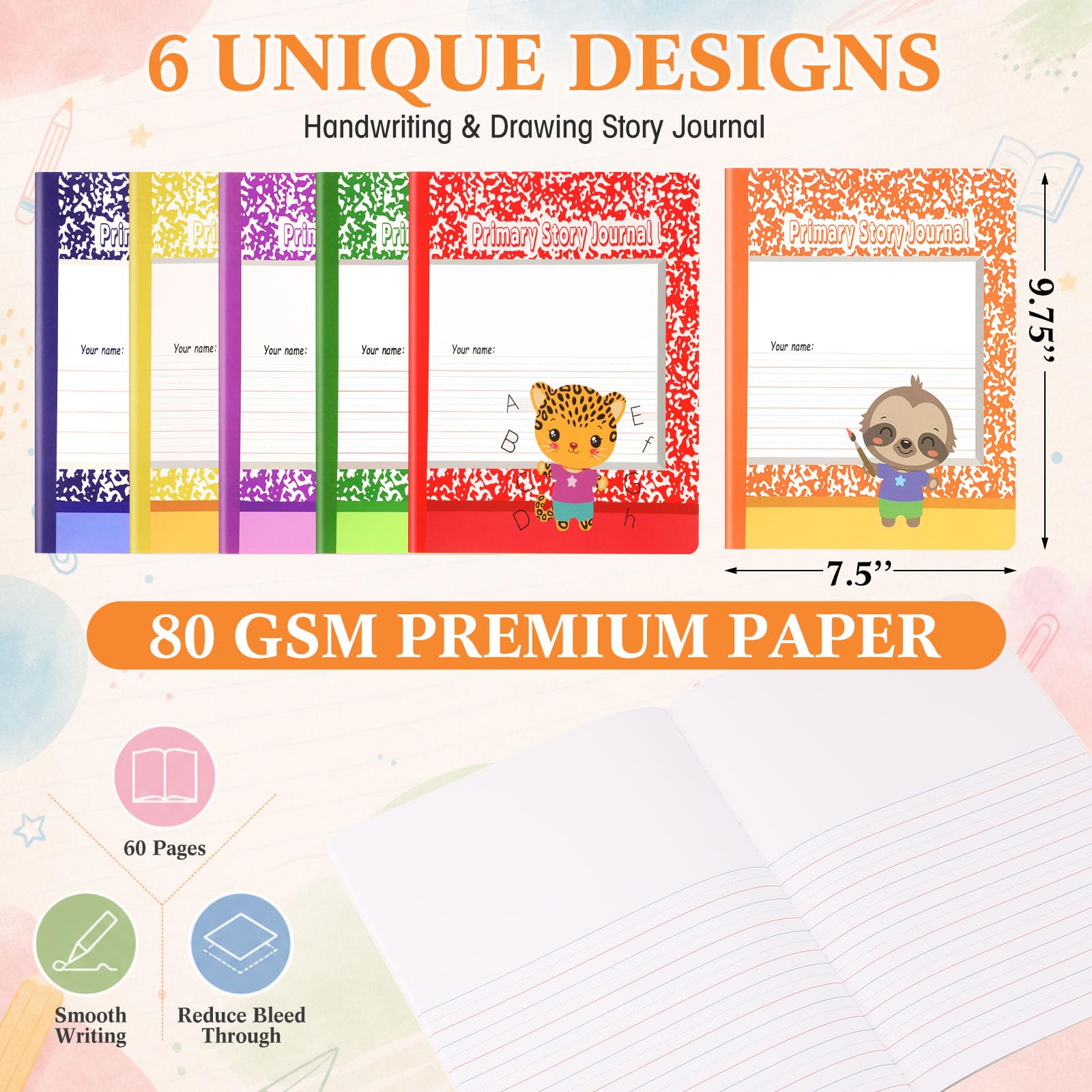 Tinlade 36 quaderni di composizione primaria con animali da 0,5 pollici a righe gradi K-2 Diari di storia 9,7 x 7,5 pollici copertina morbida diario scolastico forniture per il rientro a scuola per