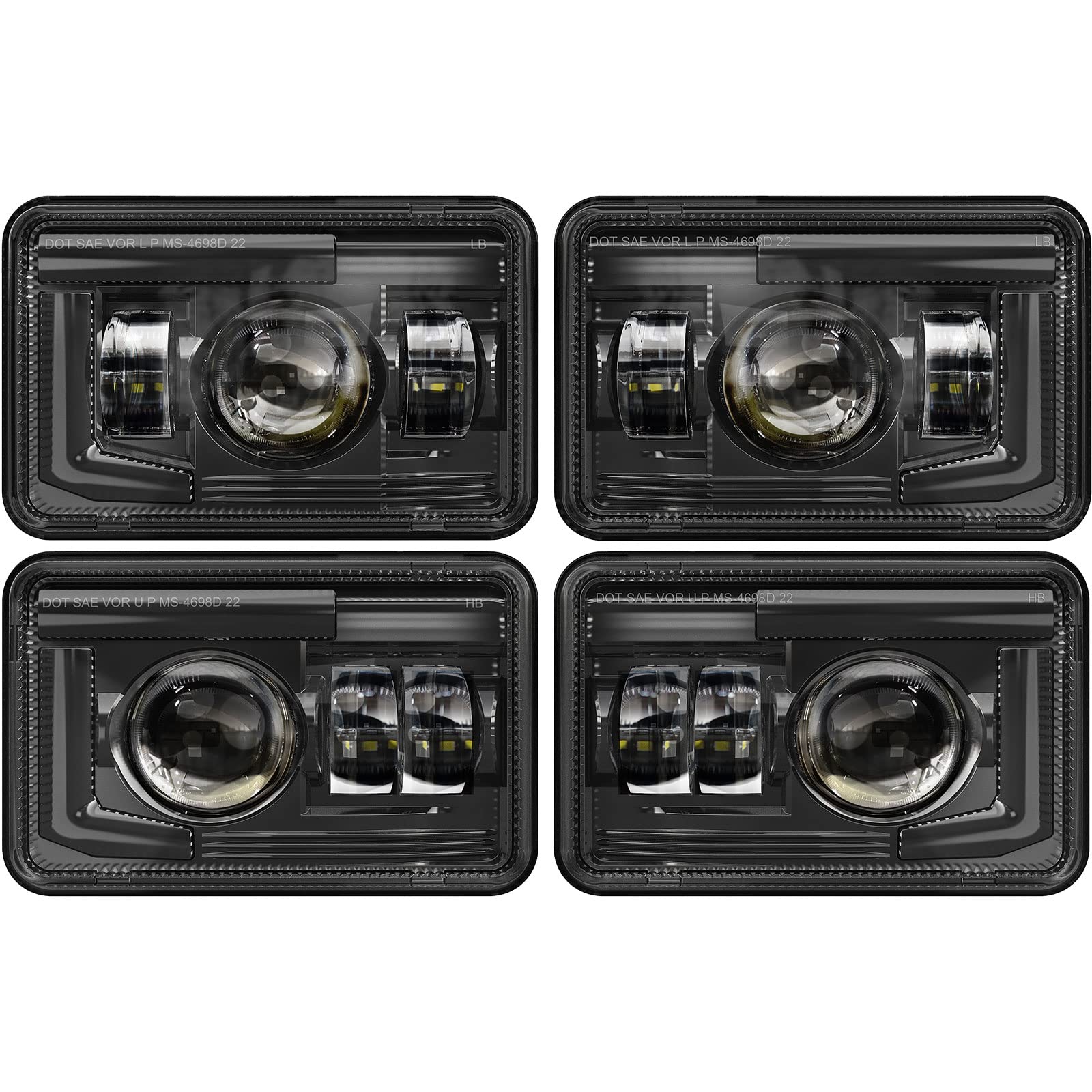 BICYACO 4 PCS DOT 4x6 Inch LED Headlights Rectangular Replacement H4651 H4652 H4656 H4666 H6545 Compatible with Peterbilt Kenworth Freightinger Ford Probe Oldsmobile Cutlass