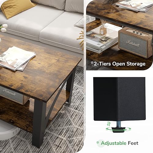 Miniatura 4 de Novilla Mesas de centro para sala de estar, moderna mesa central de madera de granja con estante de almacenamiento, marco de metal, diseño de patas