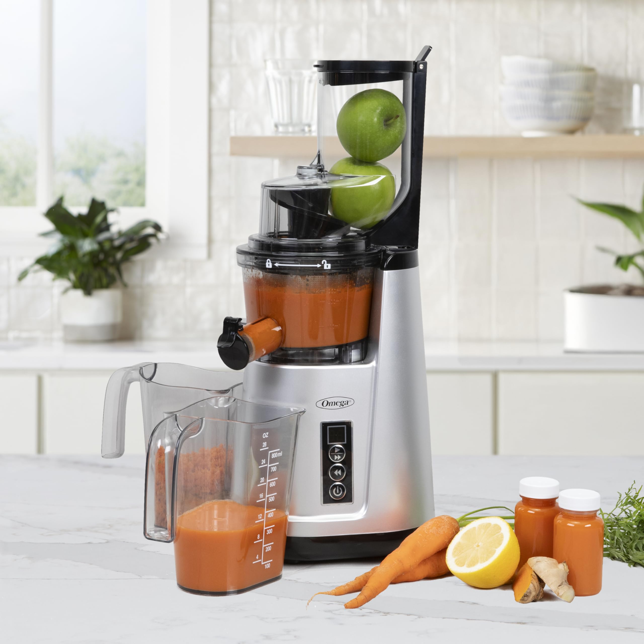 Omega Wide Mouth Juicer Compact Vertical Cold Press Vegetable and Fruit Juice Extractor with 3-Inch Hopper 2-Speed Slow Juicing with Space Saving Design, 120-Watts, Black