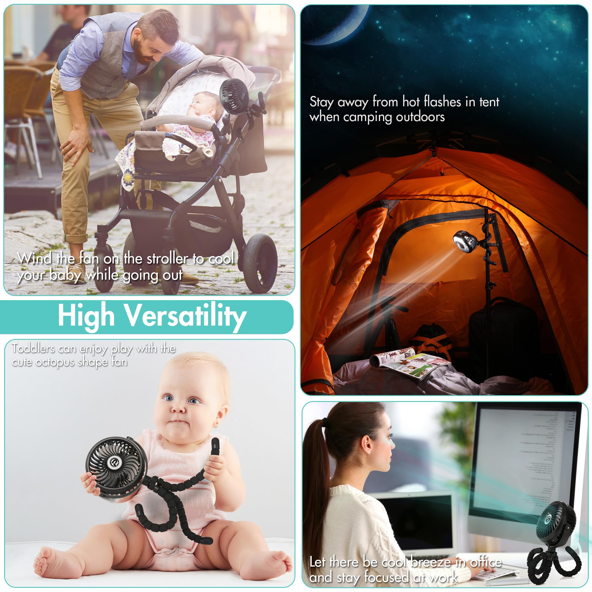 Winique Mini Ventilador USB,2600mAh alimentado por batería oscilante 360° Girar 3 Velocidades para coche/cochecito/caminadora/camping/barbacoa/gimnasio