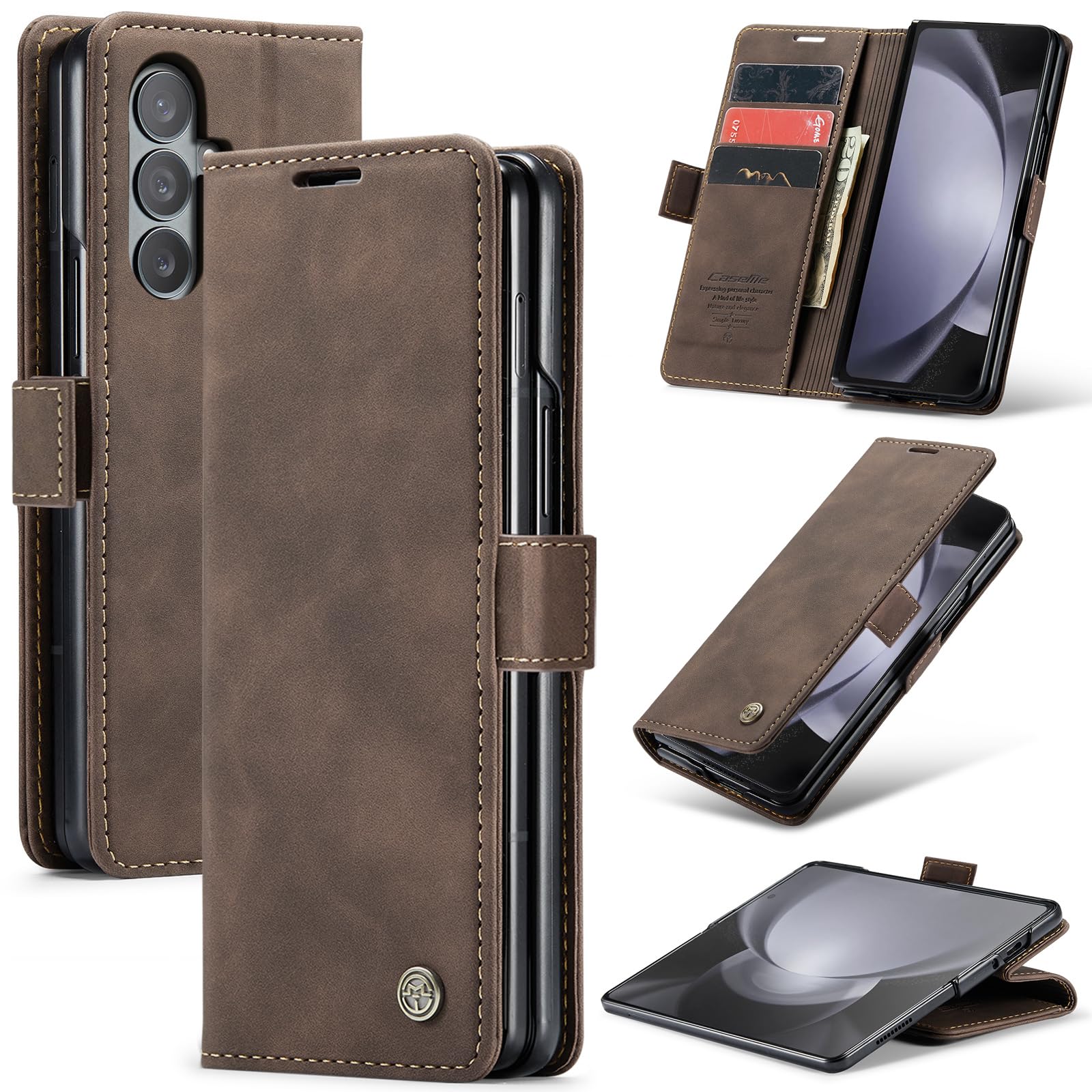 Azororo Cover per Samsung Galaxy Z Fold 7 5G, Premium PU Pelle Custodia, Magnetica Carta Fessura Portafoglio Case, Flip Cavalletto Custodia per Samsung Galaxy Z Fold 7 - Caffè