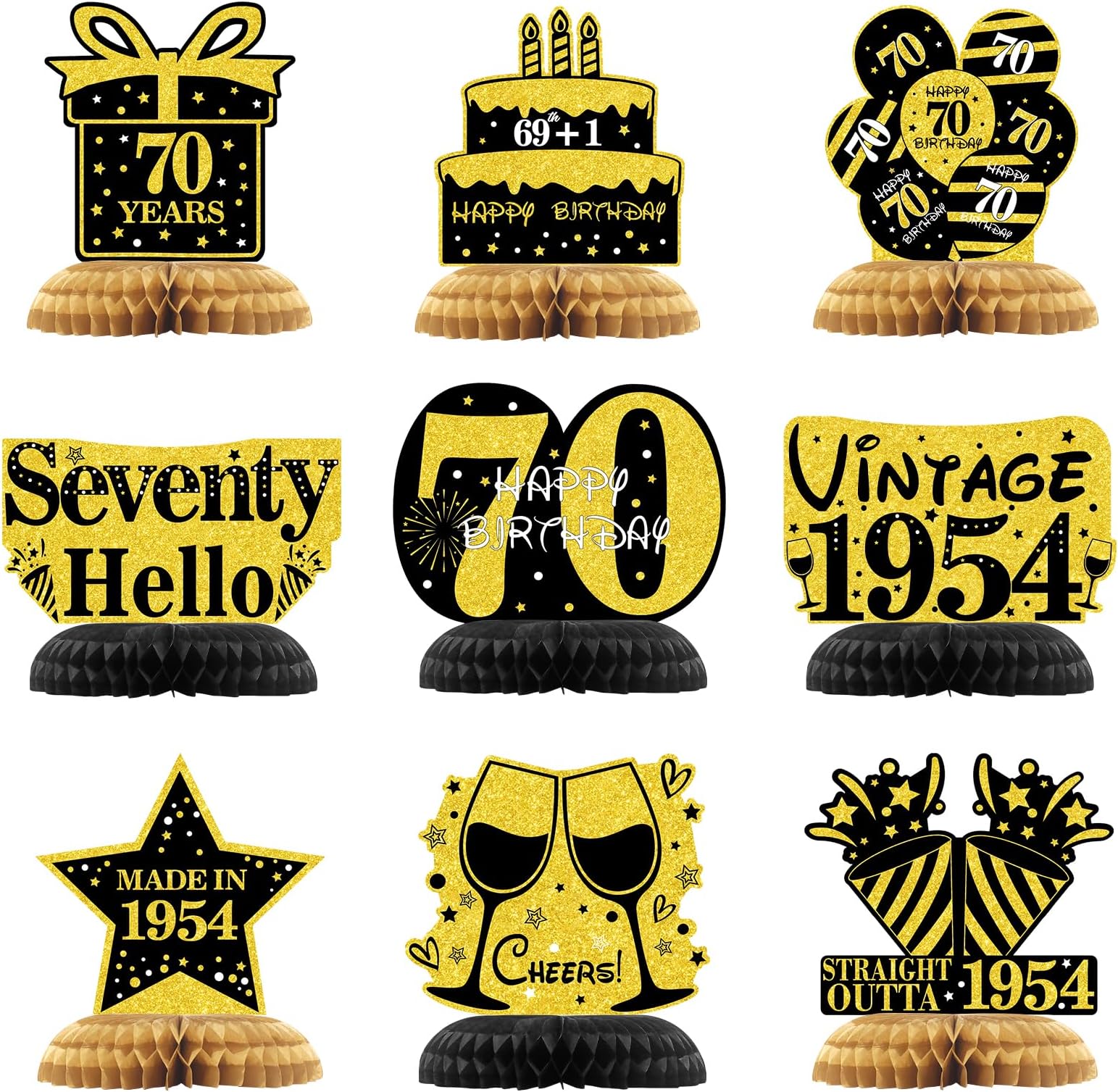LITAUS, Large 70th Birthday Table Decorations - Black Gold, Pack of 9 | 70th Birthday Decorations for Women Men | Happy 70th Birthday Decorations | 70th Birthday Party Decorations