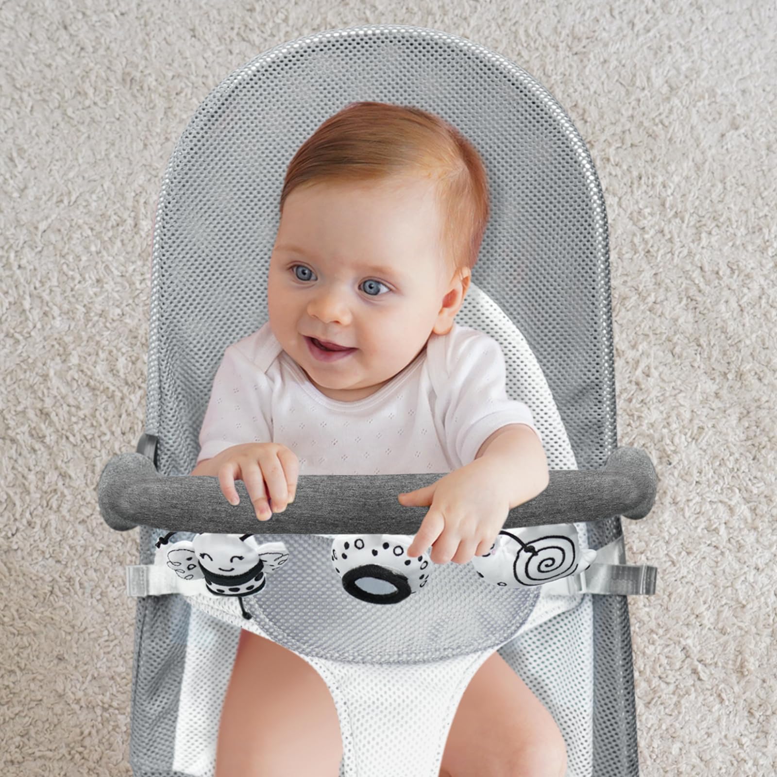 iGRATENS Baby Bjorn Bouncer Toy Bar, Toy Bar for Baby Bouncer Bliss and Balance Soft with 3 PCS Cute Sensory Toys, Easy to Attach and Remove, Skin -Friendly, Machine Washable, Black and White, Soft