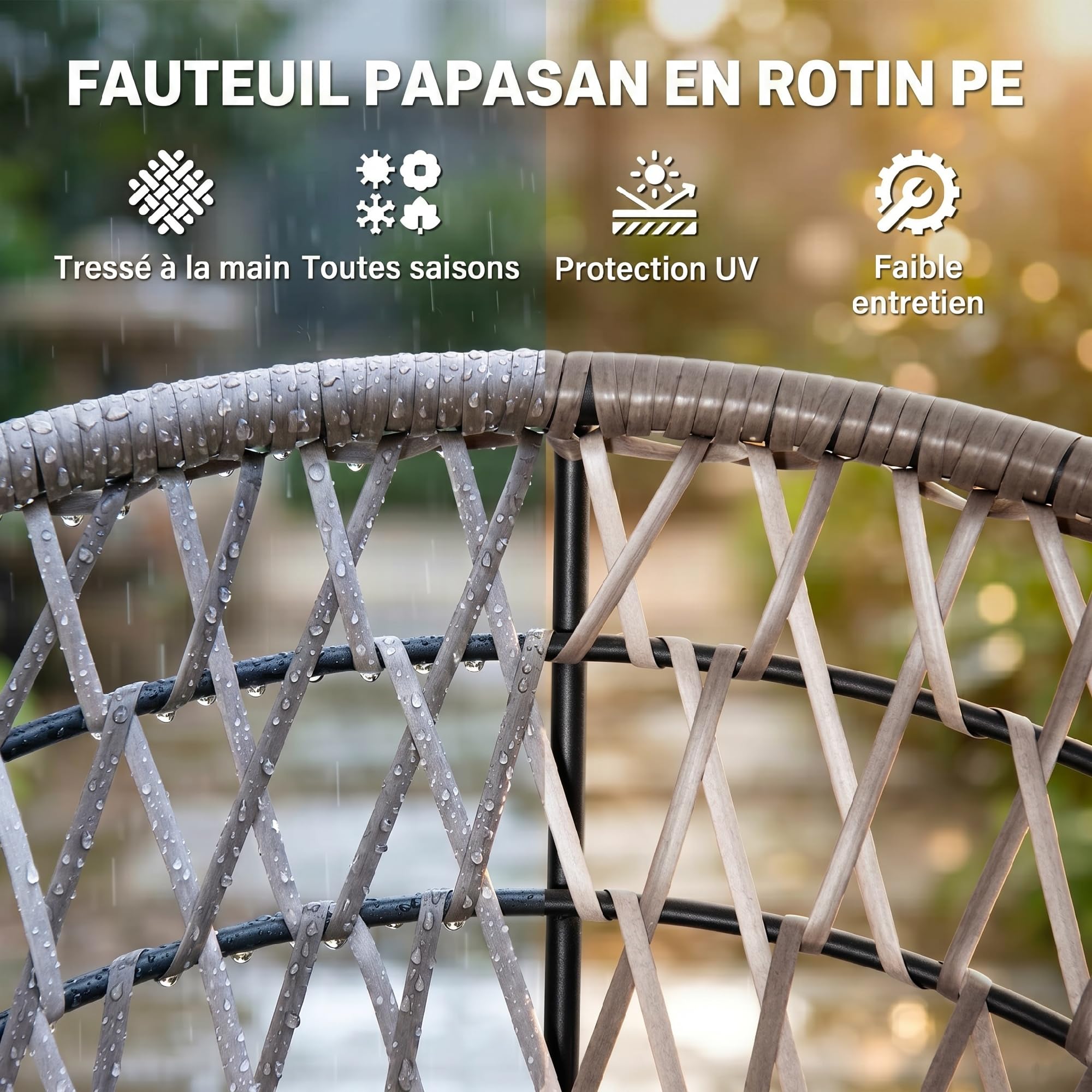 Outsunny Fauteuil Rond de Jardin Fauteuil papasan pivotant Grand Confort Ø 97 x 90H cm Grand Coussin fourni Polyester résine tressée crème