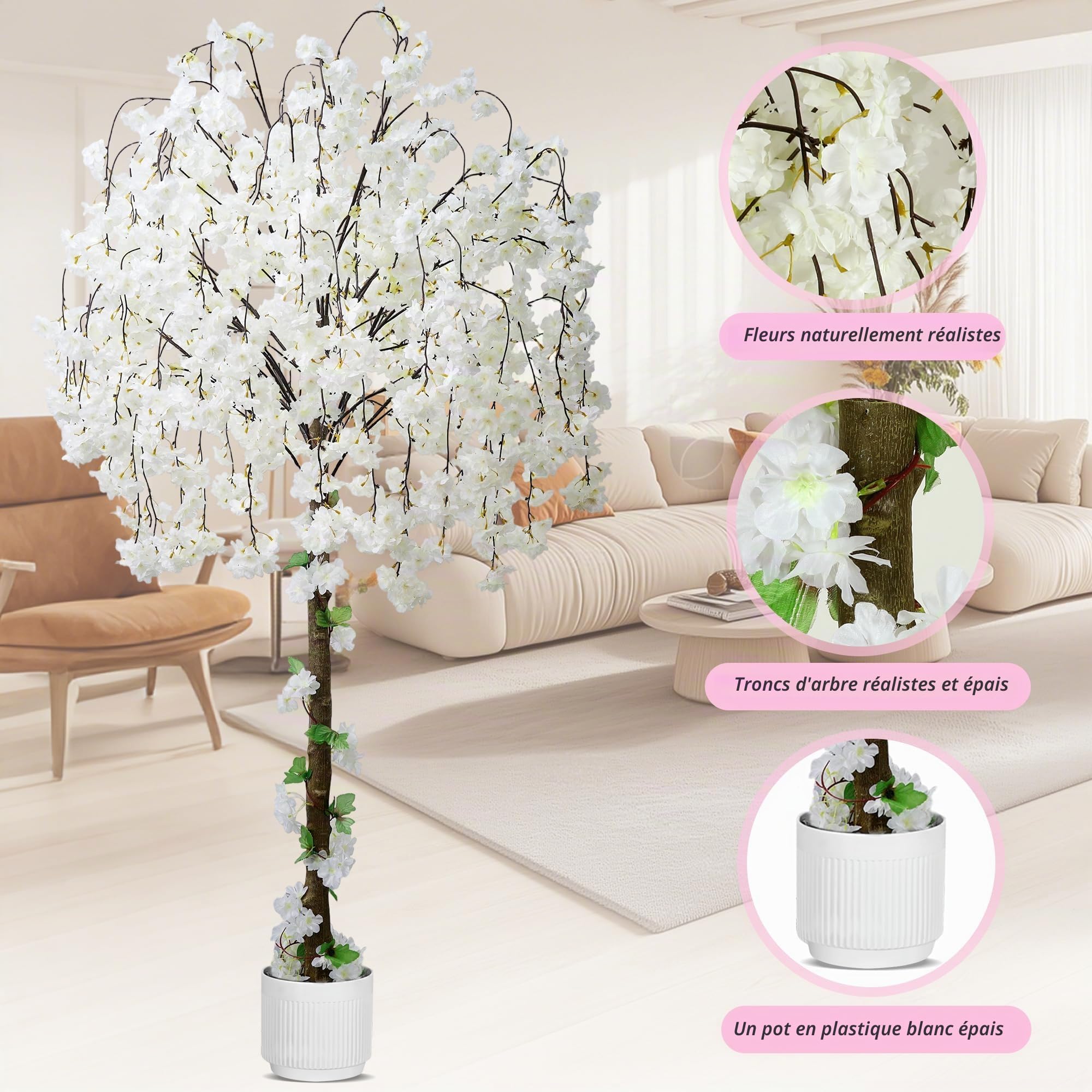 HZXGCP Cerisier en fleurs artificiel, 1,8 m de haut, fausse plante avec pot blanc, plante artificielle en soie pour la maison, le bureau, un mariage, un jardin, une fête, une décoration d'hôtel