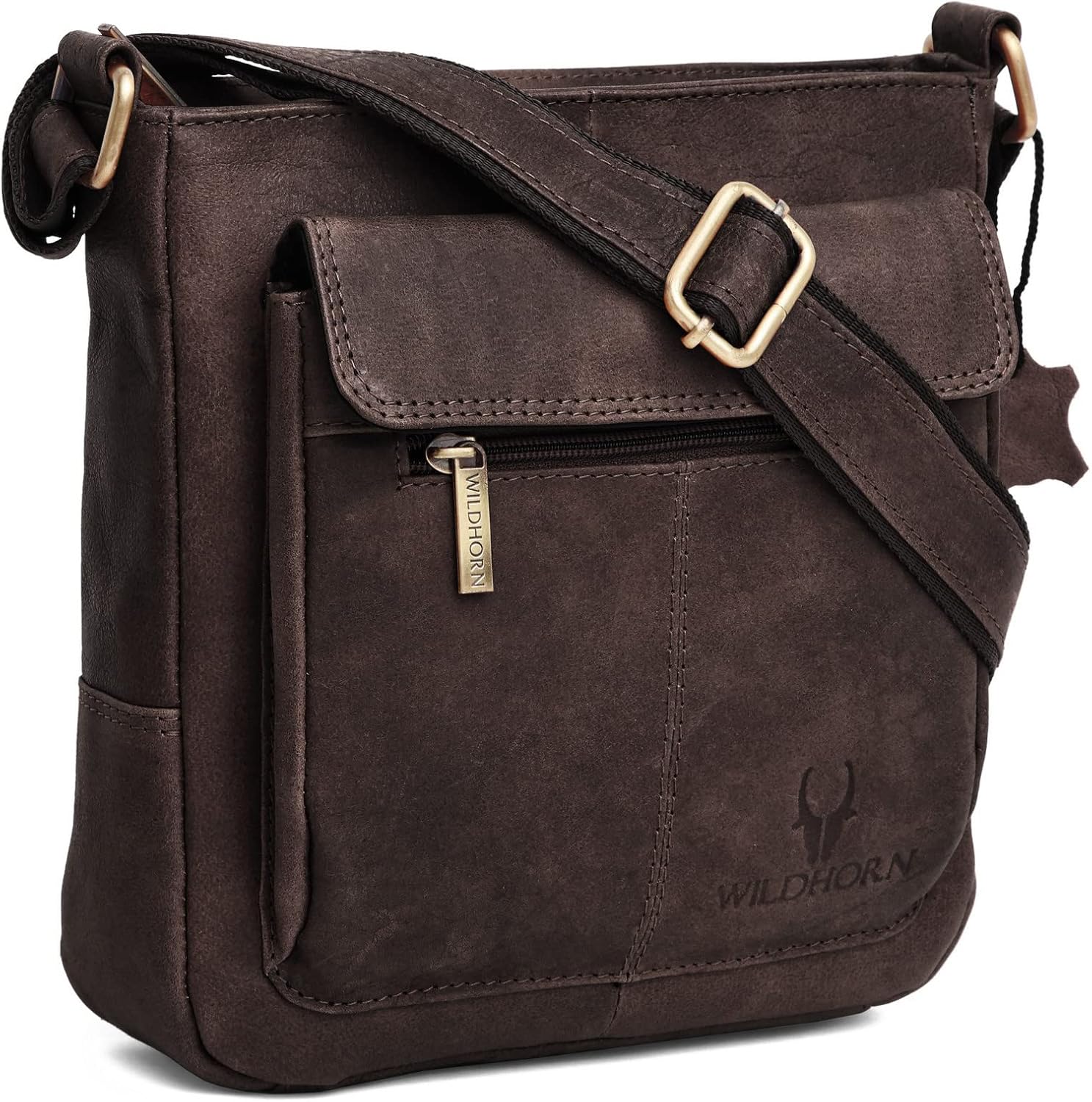 WildHorn Genuine Leather Sling Bag for Men | Durable, Portable & Stylish | Zipper Closure | Front Zip Pocket | 1-Year Warranty, Distressed Brown, L-8 inch W-3 inch H-9 inch, Contemporary