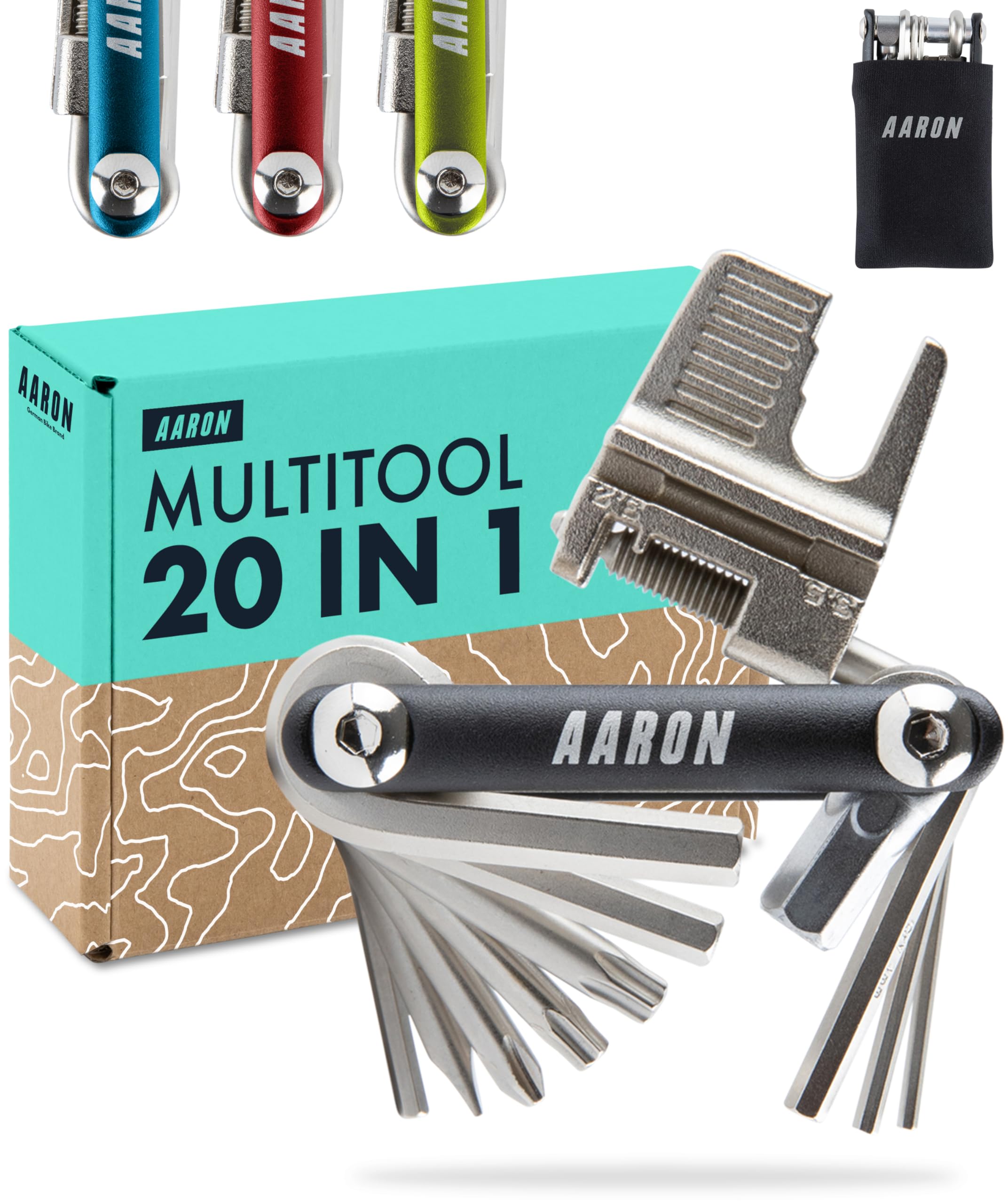 AARON Tool 20 in 1 Multitool - Fahrrad Multifunktionswerkzeug aus rostfreiem Stahl/Aluminium - faltbares Mini Fahrradwerkzeug mit vielen Funktionen - praktisches Bike Tool in Schwarz