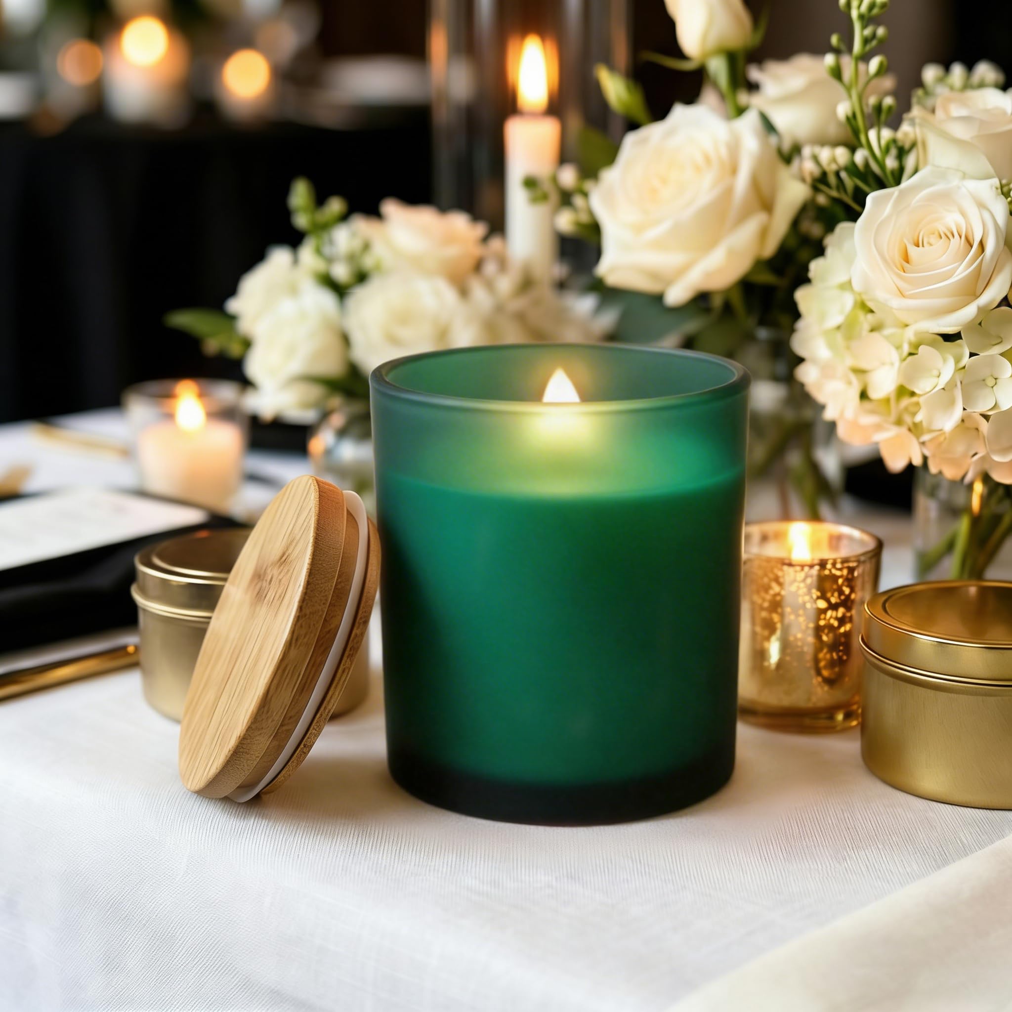 COYACOOL 12 tarros de velas para hacer velas, tarros de vidrio vacíos de 10 onzas de grosor con tapas de bambú, a granel, verde esmerilado