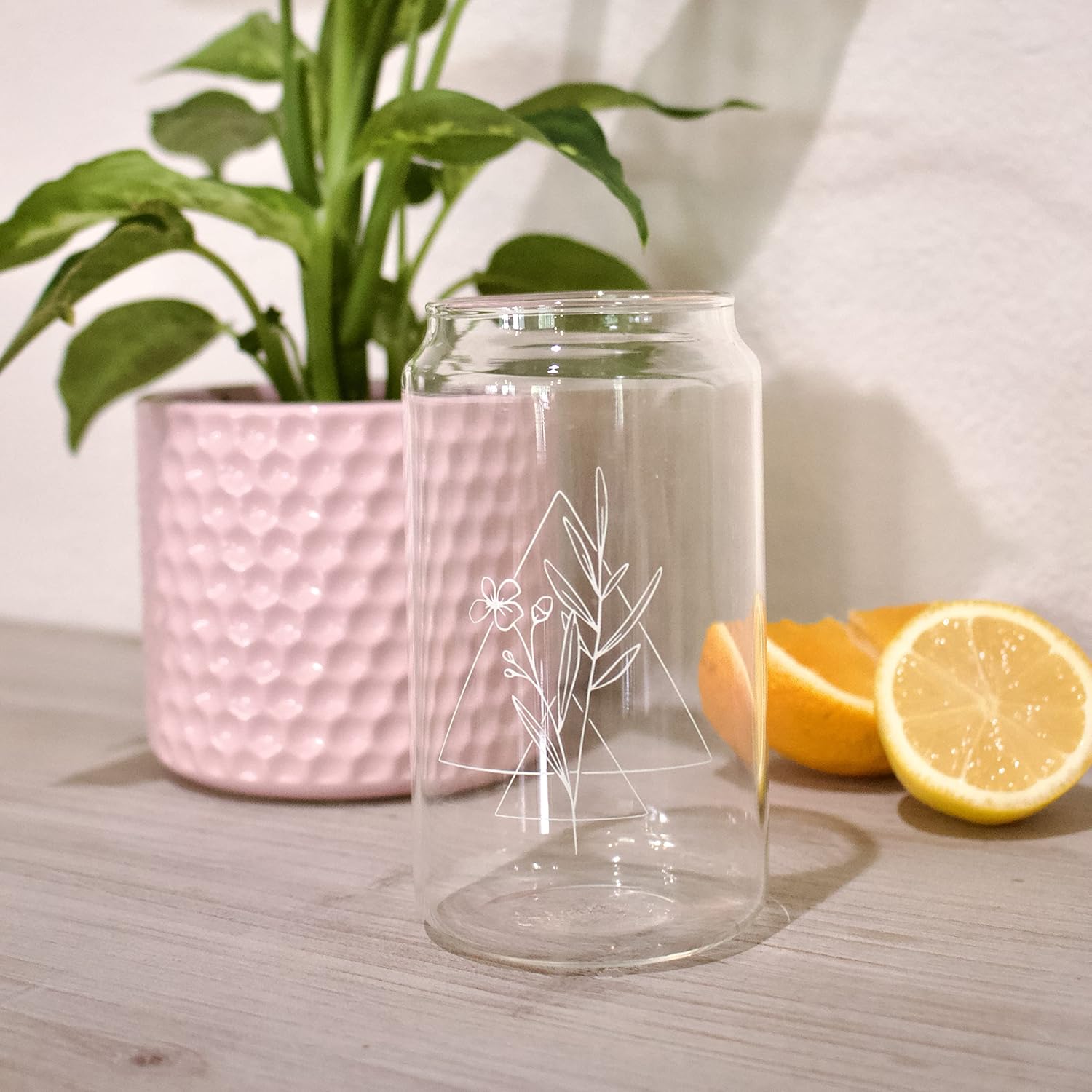 Floral Iced Coffee Glass Cup with Bamboo Lid and Straw 16oz Beer Can