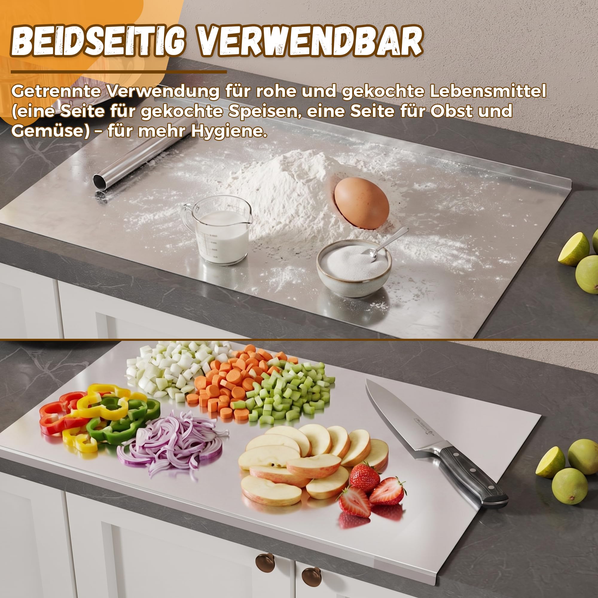 Edelstahl Arbeitsplatte mit Kante 90×50cm Schneidebrett Edelstahl mit Nudelholz aus Edelstahl und Rutschfeste Matte Schneidbretter für Arbeitsplatte Küche, Bar, Restaurants
