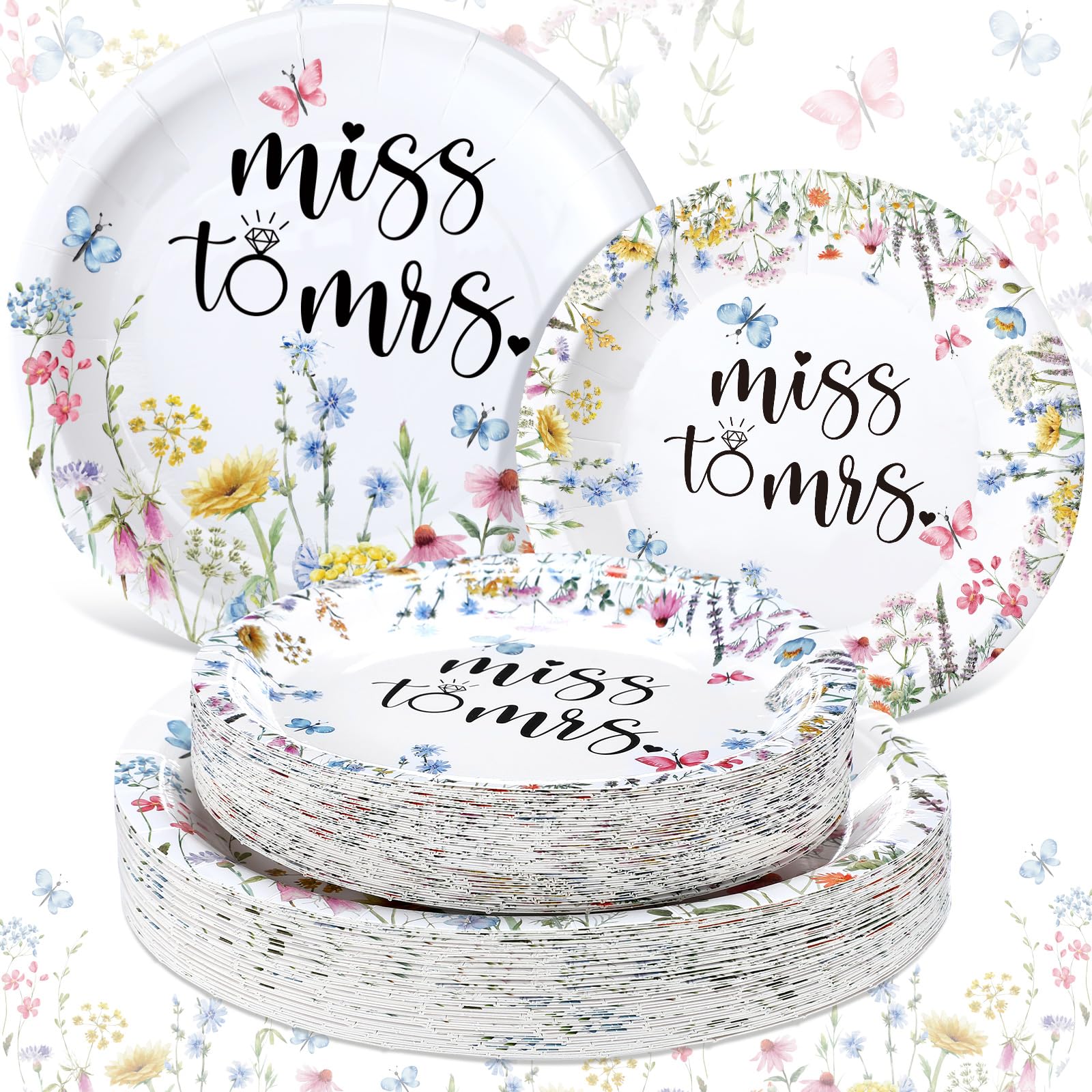Roshtia 100 Pcs Miss to Mrs Wedding Paper Plates 7 Inch 9 Inch Wildflower Disposable Plates Set for 50 Guests Bridal Shower Decorations for Wedding Engagement Bachelorette