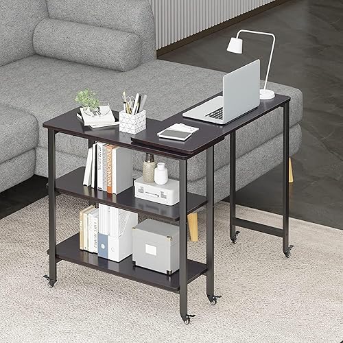 SogesHome Escritorio de computadora portátil movible de 31 pulgadas con ruedas mesa giratoria de 360 con estantes de almacenamiento de 2 niveles