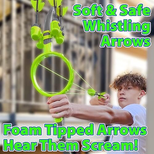 Miniatura 6 de Funwares Ring Strike Arco y flecha lanzan flechas de más de 200 pies, incluye 1 arco impulsado por niños y 4 flechas con punta de espuma silbante