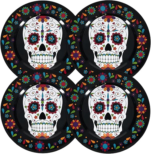 Charmed By Dragons 6 platos de carga negros con calavera de azúcar del día de los muertos con imanes de calavera de azúcar, juego de 9 piezas en