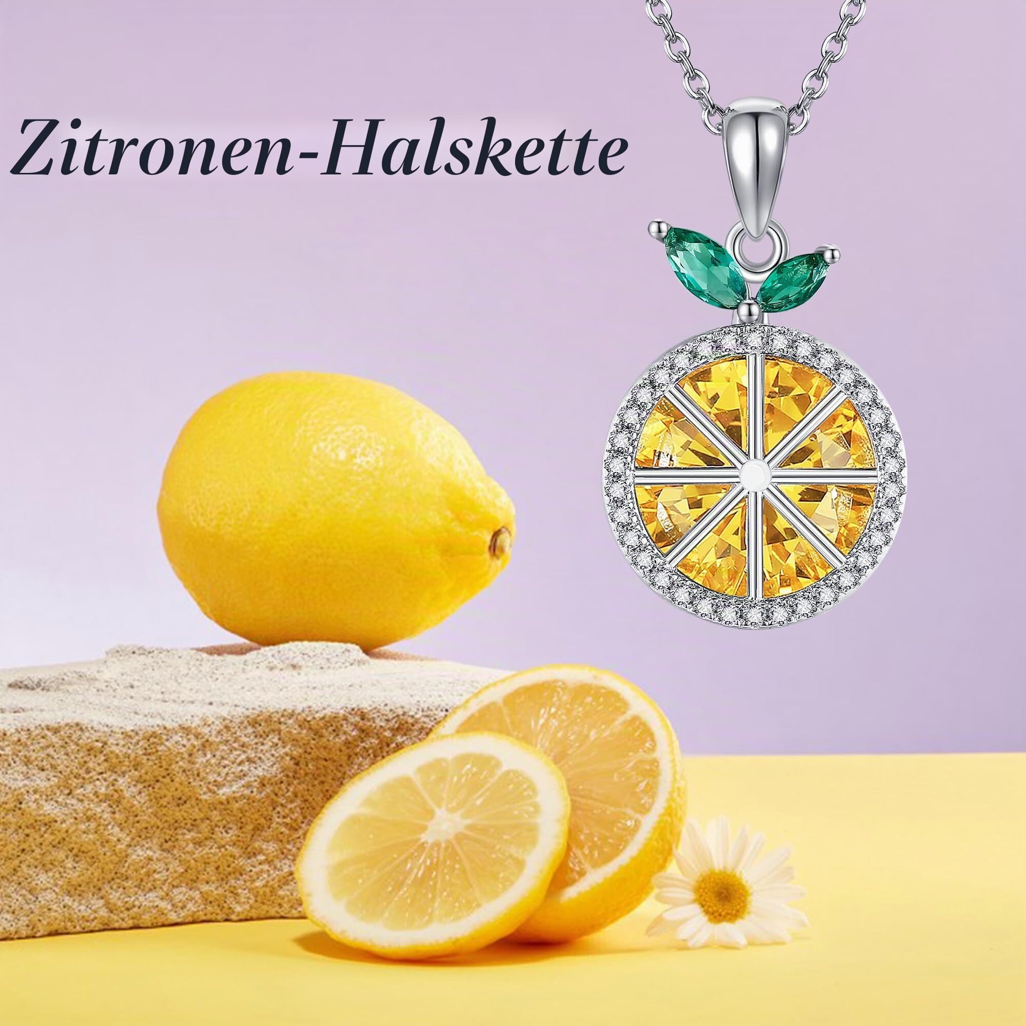 DAYLINLOVE Zitrone Halskette 925 Sterling Silber Gelb Kristall Frucht Form Schmuck Geschenk für Frauen Zitrone Liebhaber
