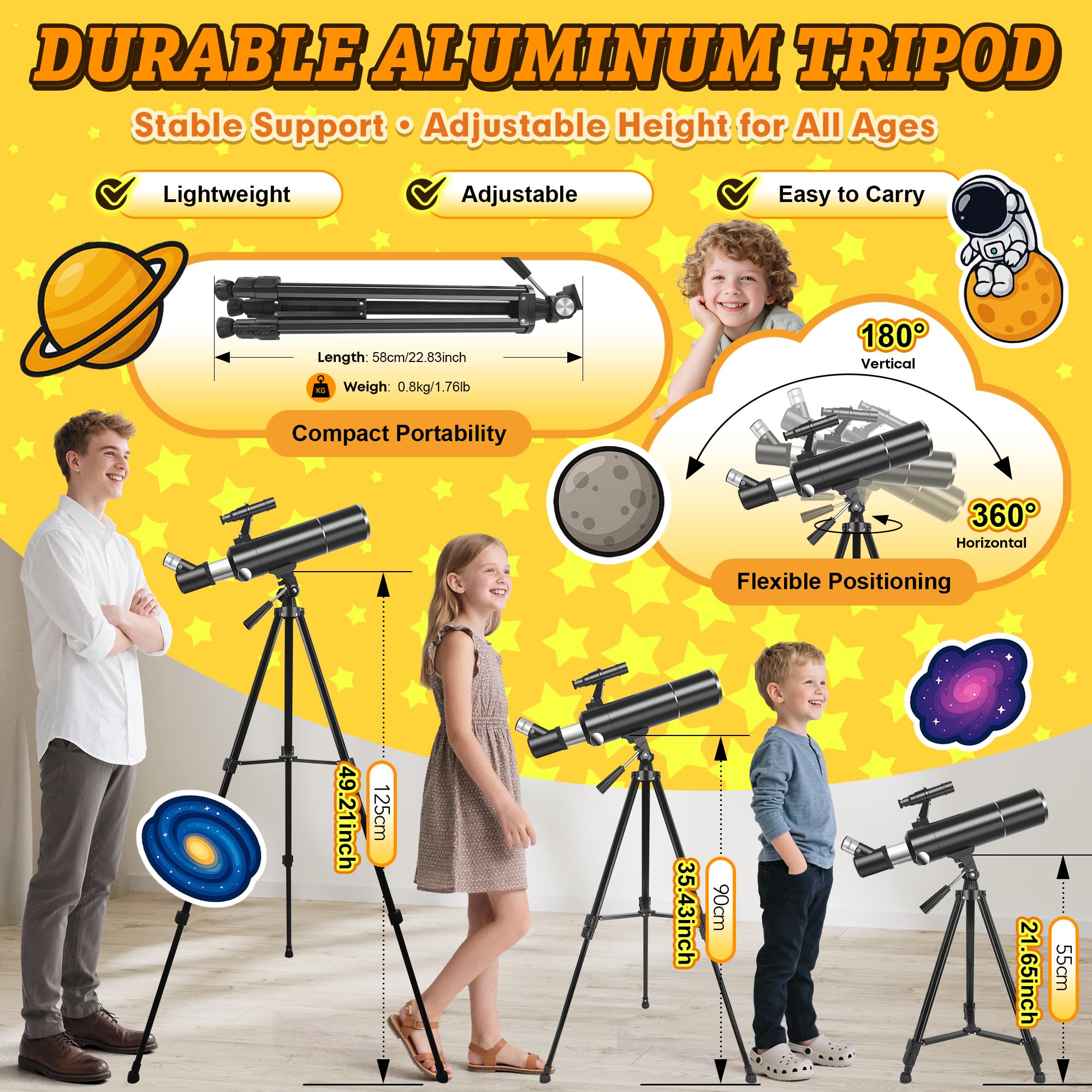 Télescope Astronomique pour Adultes et Enfants, 80/500mm Réfracteur Portable Télescope professionnel pour Débutants avec Trépied, Adaptateur Téléphone – Idéal pour Observer la Lune et Nature