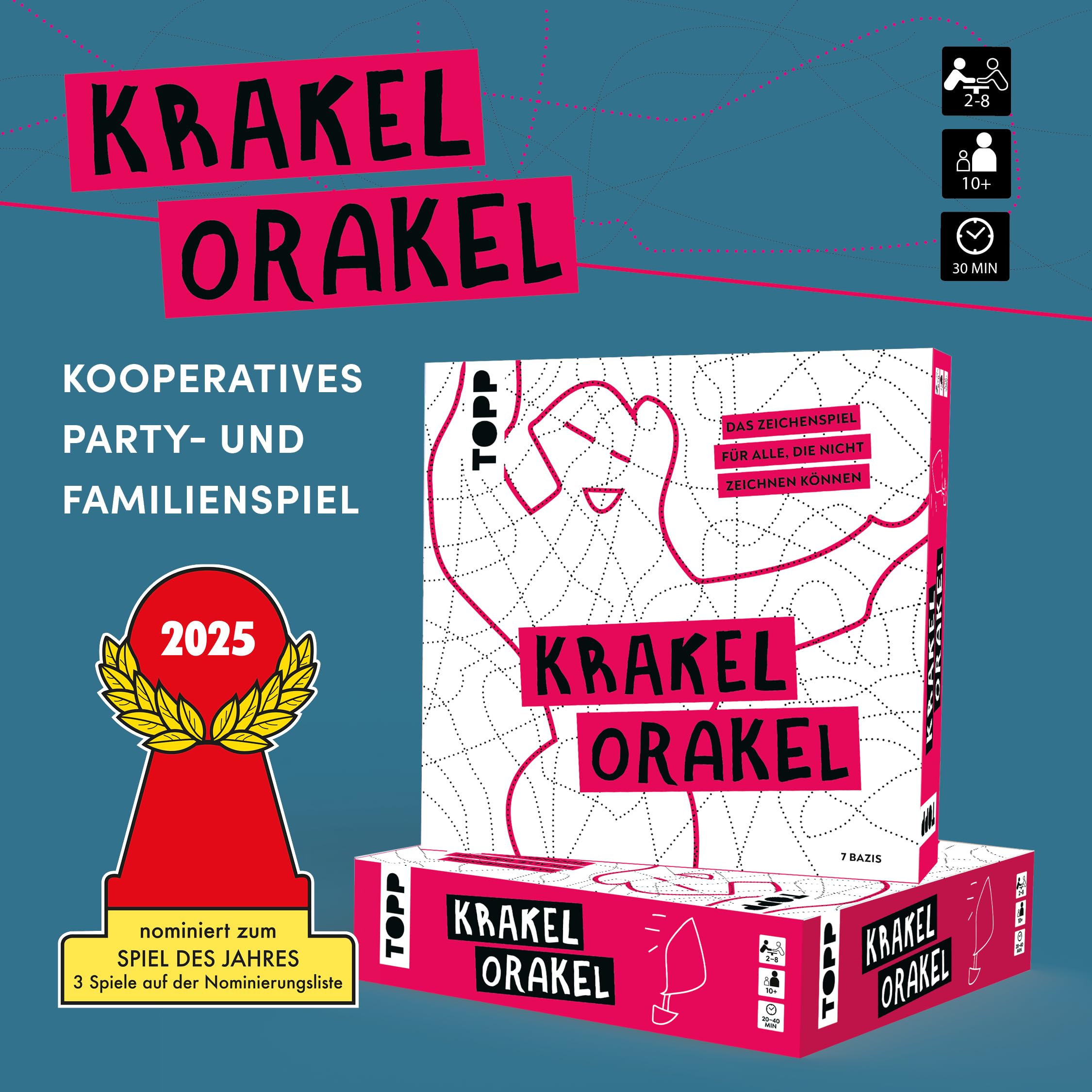 Krakel-Orakel - Das Zeichenspiel für alle, die nicht zeichnen können. Nominiert zum Spiel des Jahres 2025: Wer erkennt die schrägen Formen im Linien-Wirrwarr? 2-8 Personen | ab 10 Jahren | 30 Minuten