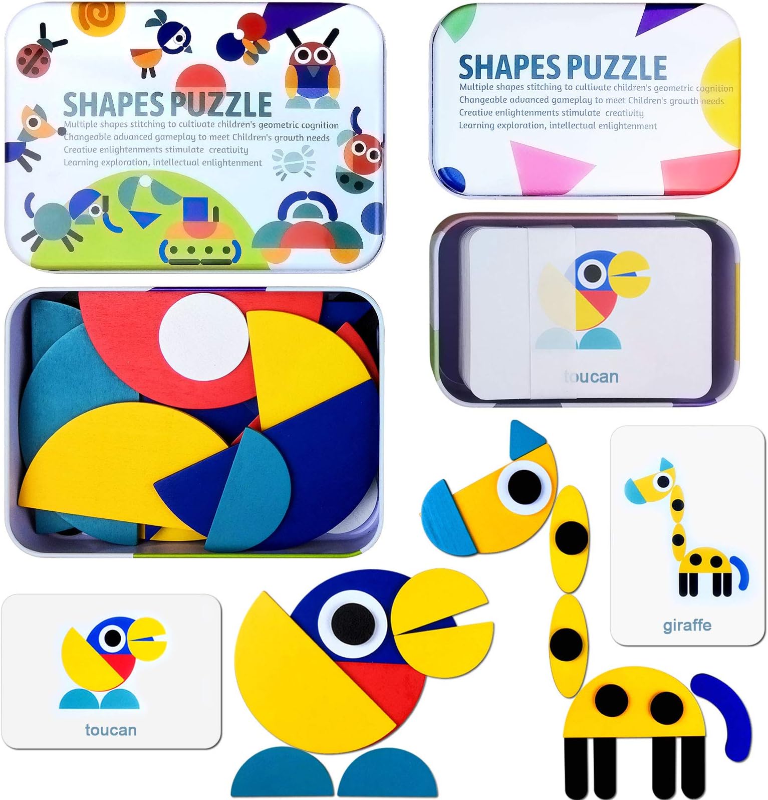JONEG Wooden Blocks Puzzle Toddler Games, Montessori Educational Toys, Animal Learning Games for Kids, Boys Girls Age 3+ Years Old (36 Shape Pieces& 60 Design Cards in Iron Box)