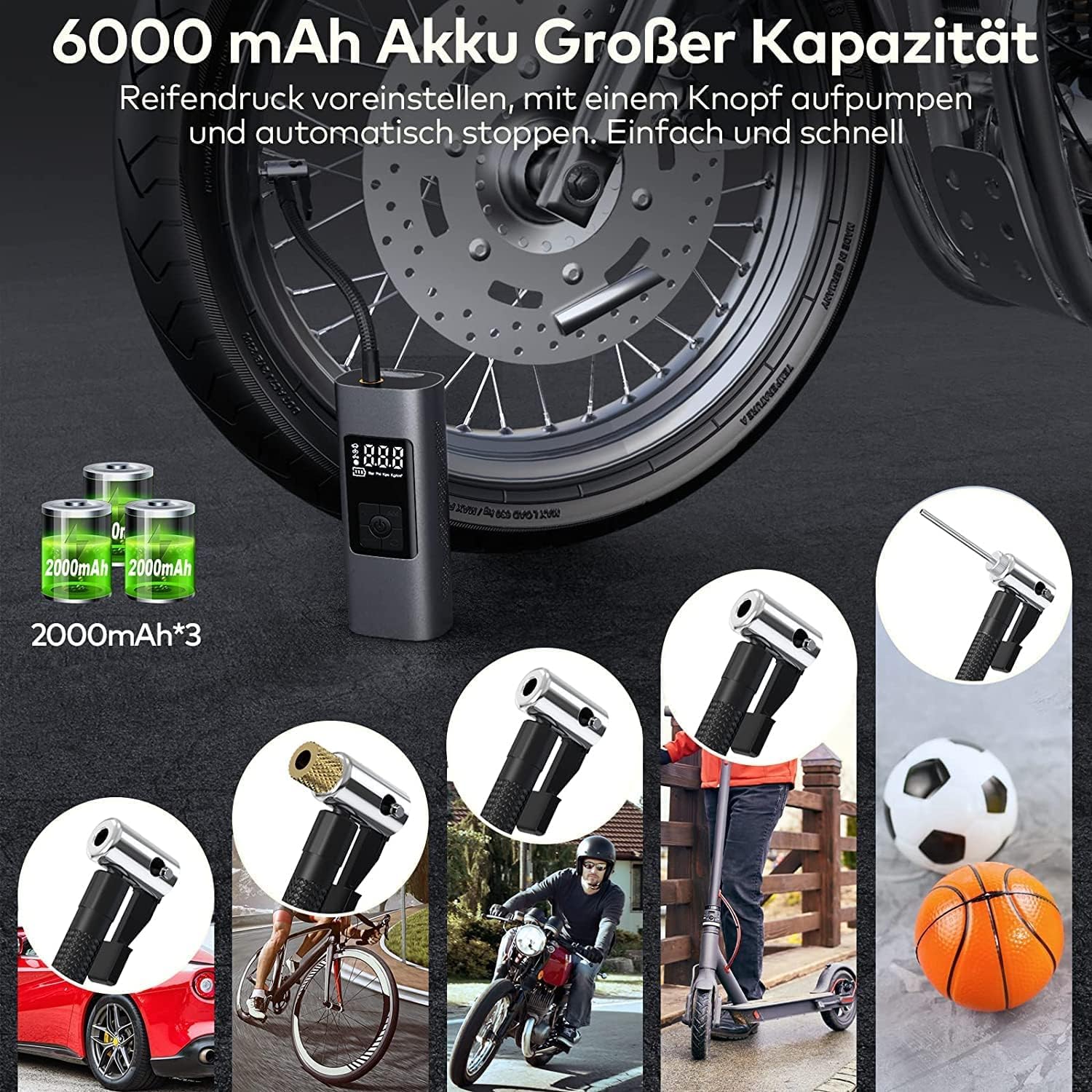 SQUADO Mini Compressore Aria Portatile Auto Gonfiatore Elettrico Multifunzionale con Display LCD