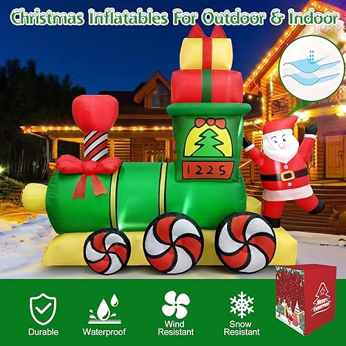 Miniatura 5 de Danxilu Tren inflable gigante de Navidad de 8 pies para decoración al aire libre, tren inflable con luces LED integradas en el exterior, decoración