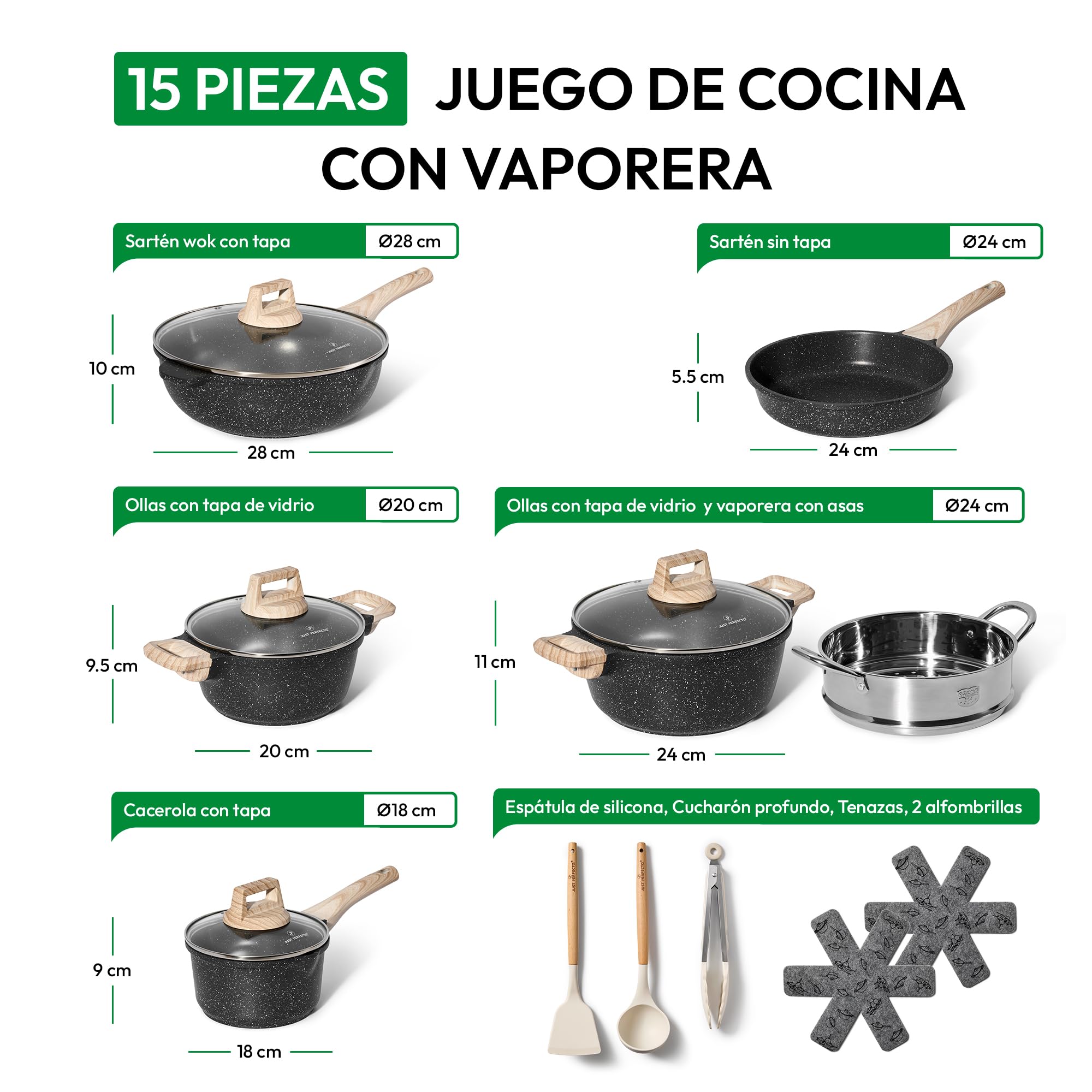 JUST PERFECTO Bateria de Cocina Induccion y Sartenes Antiadherentes - Ollas Cocina 24cm,18cm - Sartenes induccion 24,28 cm - Sartén Hondo con Tapa 24 cm - Cacerolas Para Induccion incluidas Espátula