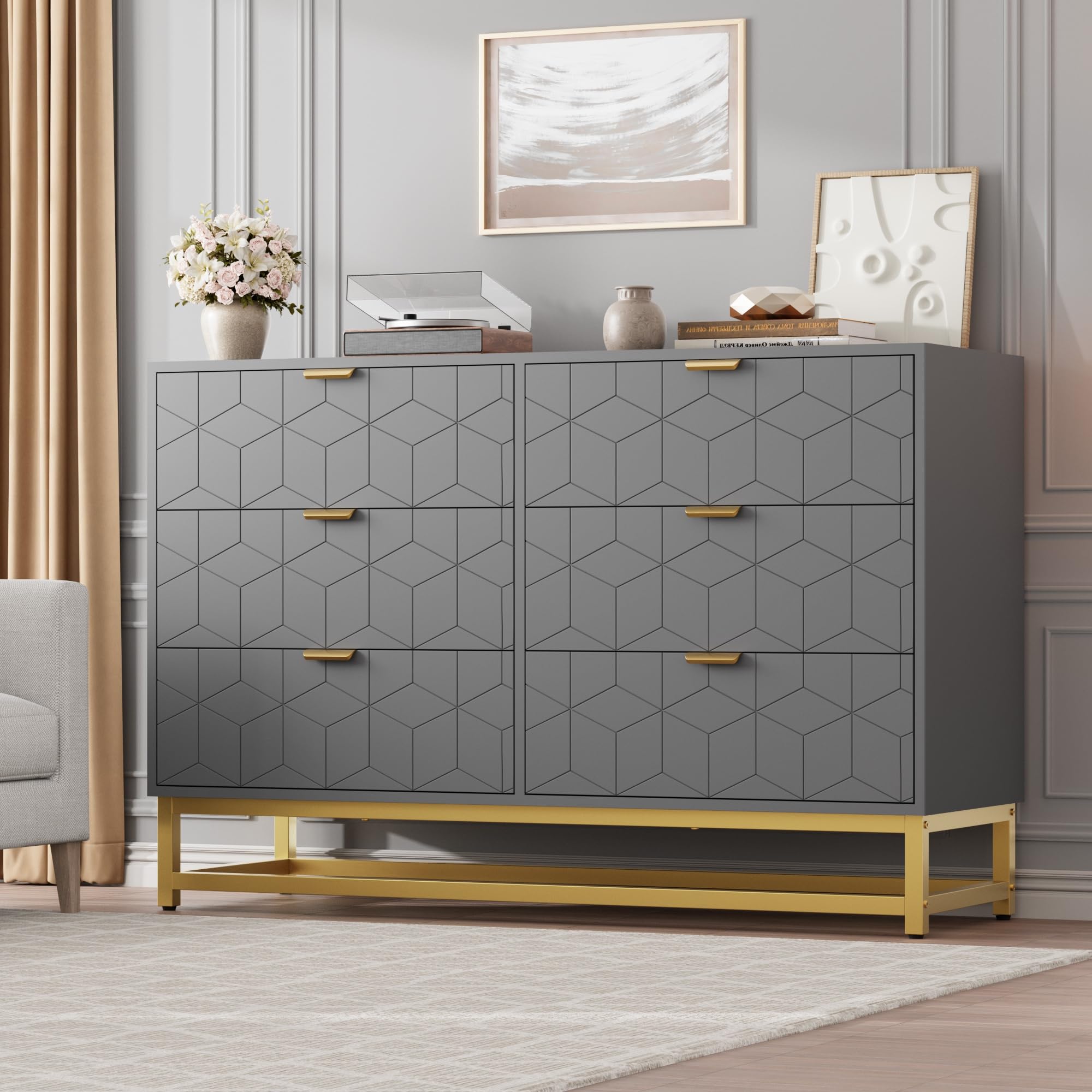 GarveeHome Grey Dresser for Bedroom,Modern 6 Drawer Double Dresser with Gold Handles,Long Storage Organizer for TV Stand & Closet,Large Chest of Drawers for Living Room,Hallway,Entryway