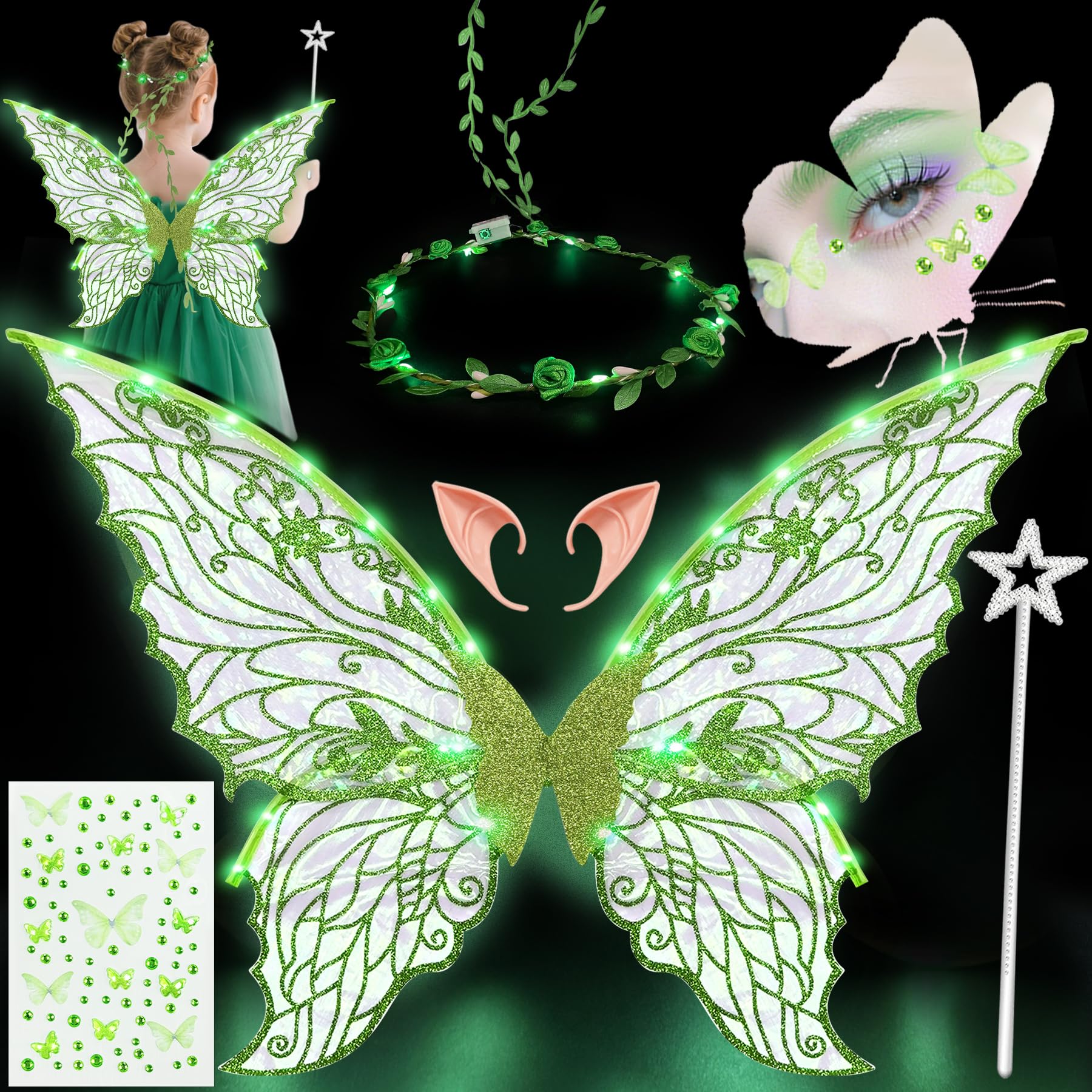 YeahBoom Fairy Wings LED Luminous with Elf Ears LED Fairy Headband and Star Wands Butterfly Wings Costume for Carnival Party