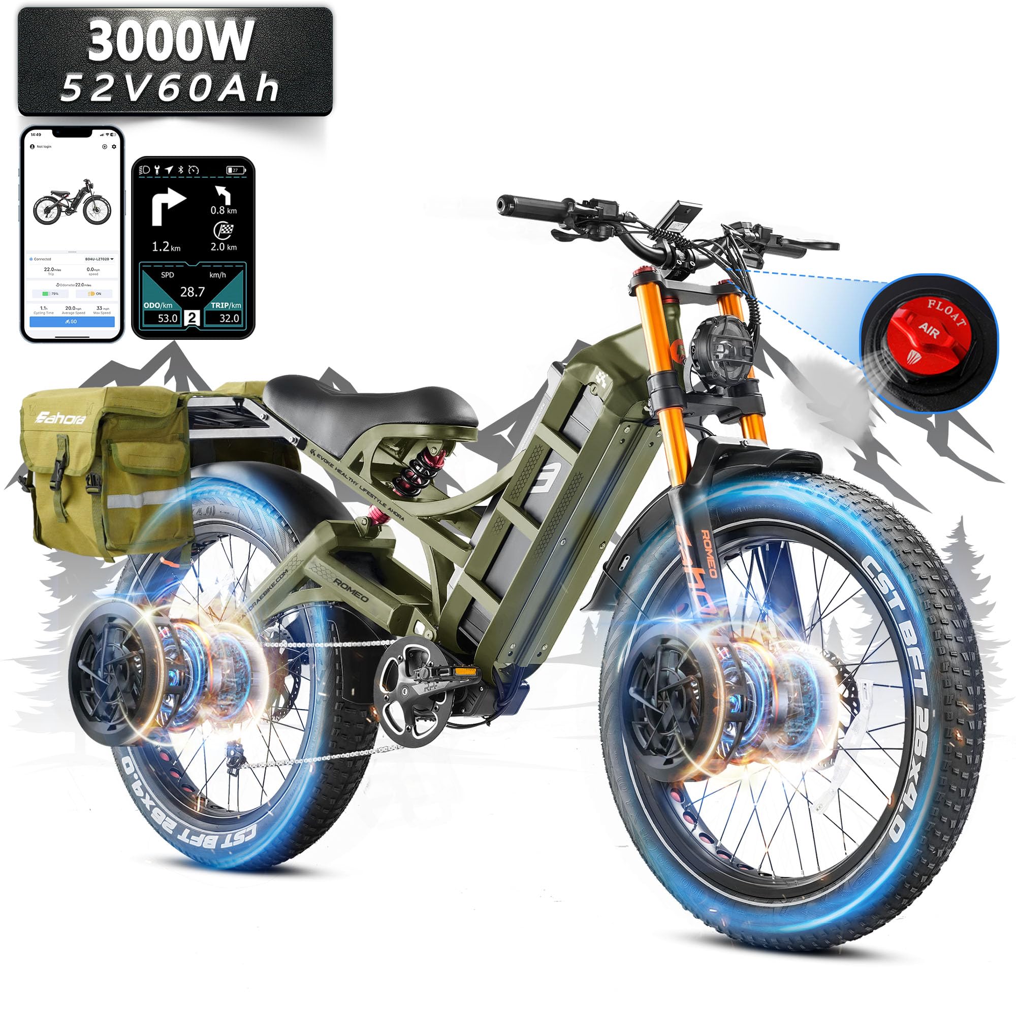 Romeo Pro Ⅱ Ebike 3000/2500W Dual Motor Ebike, 52V 60Ah Long Range Ebike 200Miles, 46/40Mph Electric Bike for Adults, 26*4.0"/20*4.5" Fat Tire Electric Mountain Bike Full Suspension, UL2849
