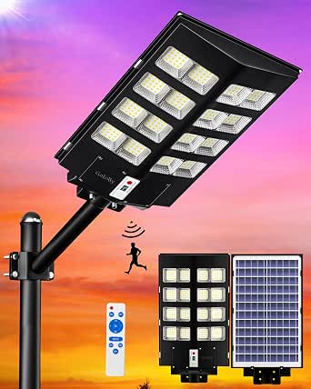 JAYNLT Y-6500W Lampione Solare Led Esterno, 3000K/4000K/6500K 400000LM lampione solare potente dal tramonto all'alba, Impermeabile Led Lampioni da esterni con sensore movimento per garage, cortile